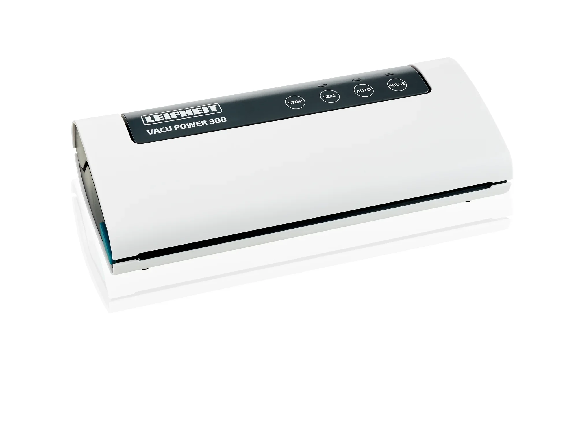 Vakuumiergerät Vacu Power 300 in Weiß mit schwarzer Bedienoberfläche und mehreren Funktionstasten. Ideal zum luftdichten Versiegeln von Lebensmitteln für längere Frische.