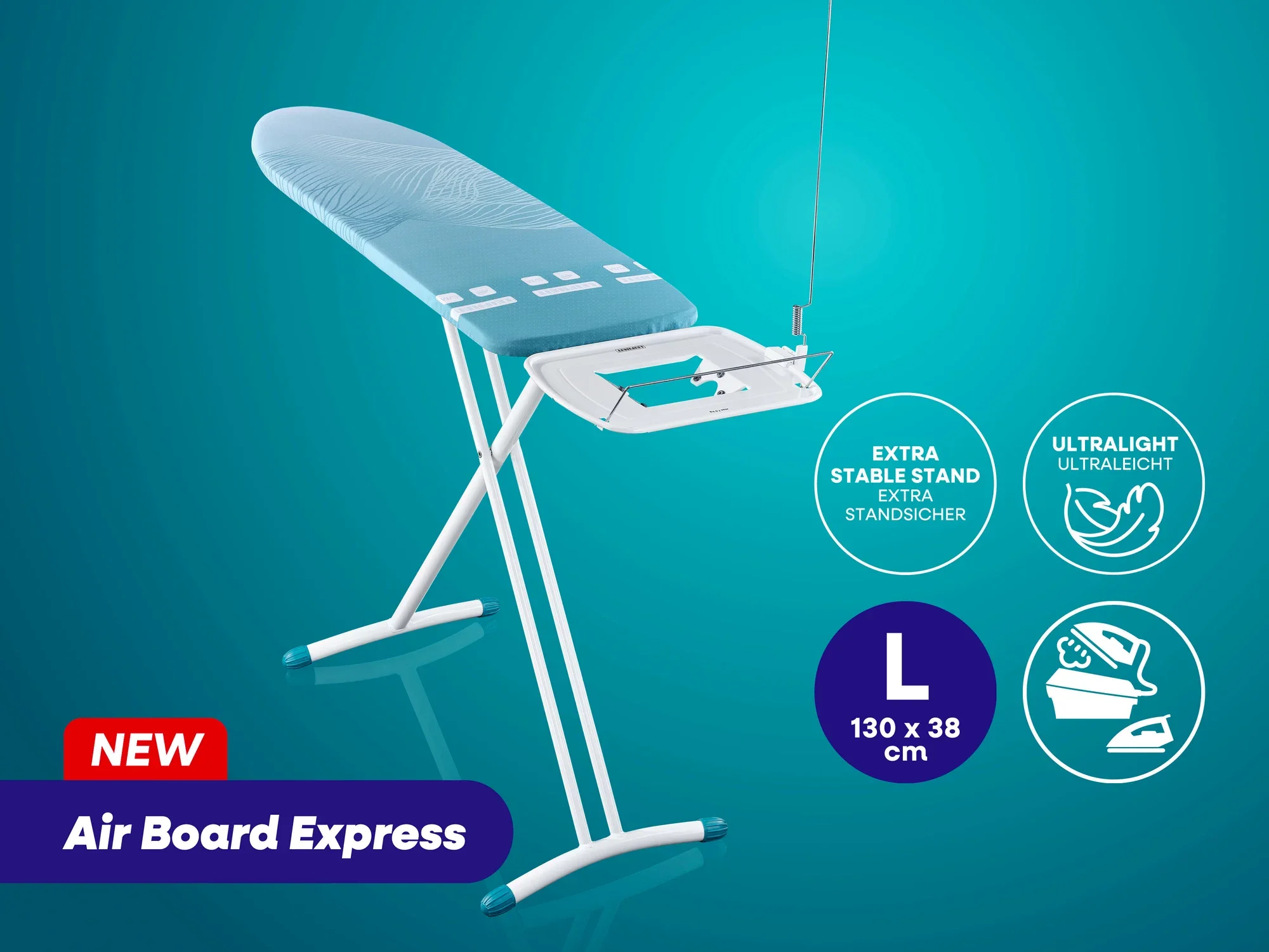 Bügeltisch von Leifheit mit dem Namen Air Board Express. Der Tisch ist ultraleicht und bietet einen extra stabilen Stand. Maße: 130 x 38 cm. Ideal für effizientes Bügeln.