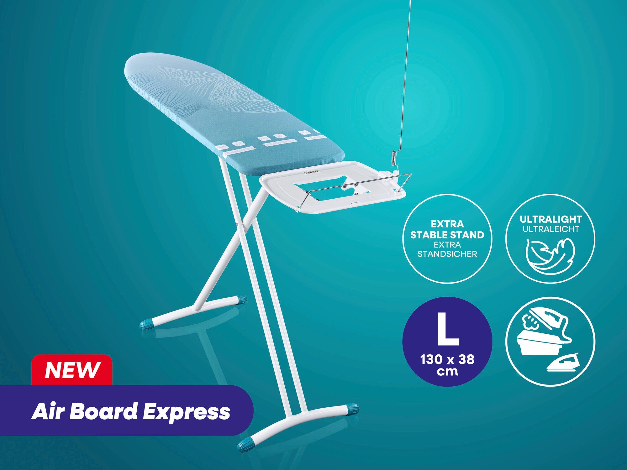 Bügeltisch von Leifheit mit dem Namen Air Board Express. Der Tisch ist ultraleicht und bietet einen extra stabilen Stand. Maße: 130 x 38 cm. Ideal für effizientes Bügeln.