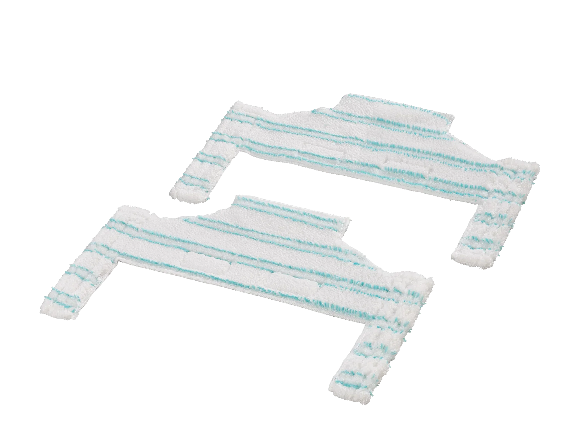 Two white mop covers for the Regulus Aqua Power Vac Pro corner glider, lying next to each other. They are rectangular with blue stripes and specially designed for cleaning corners.