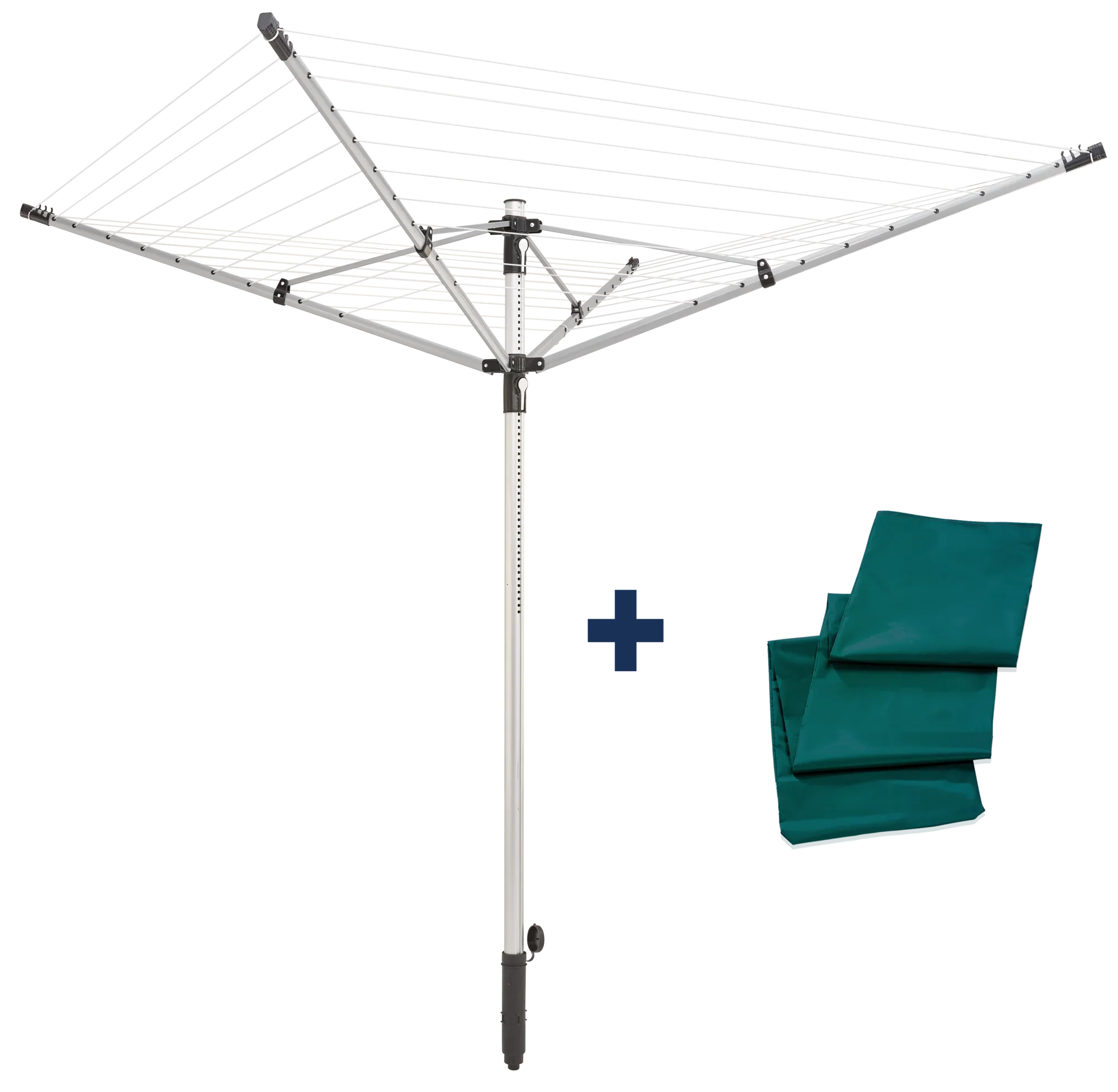 Séchoir parapluie Lino Push 500 avec housse. Le séchoir est ouvert et montre sa construction robuste. Une housse de protection verte est posée à côté. Idéal pour une utilisation en extérieur.