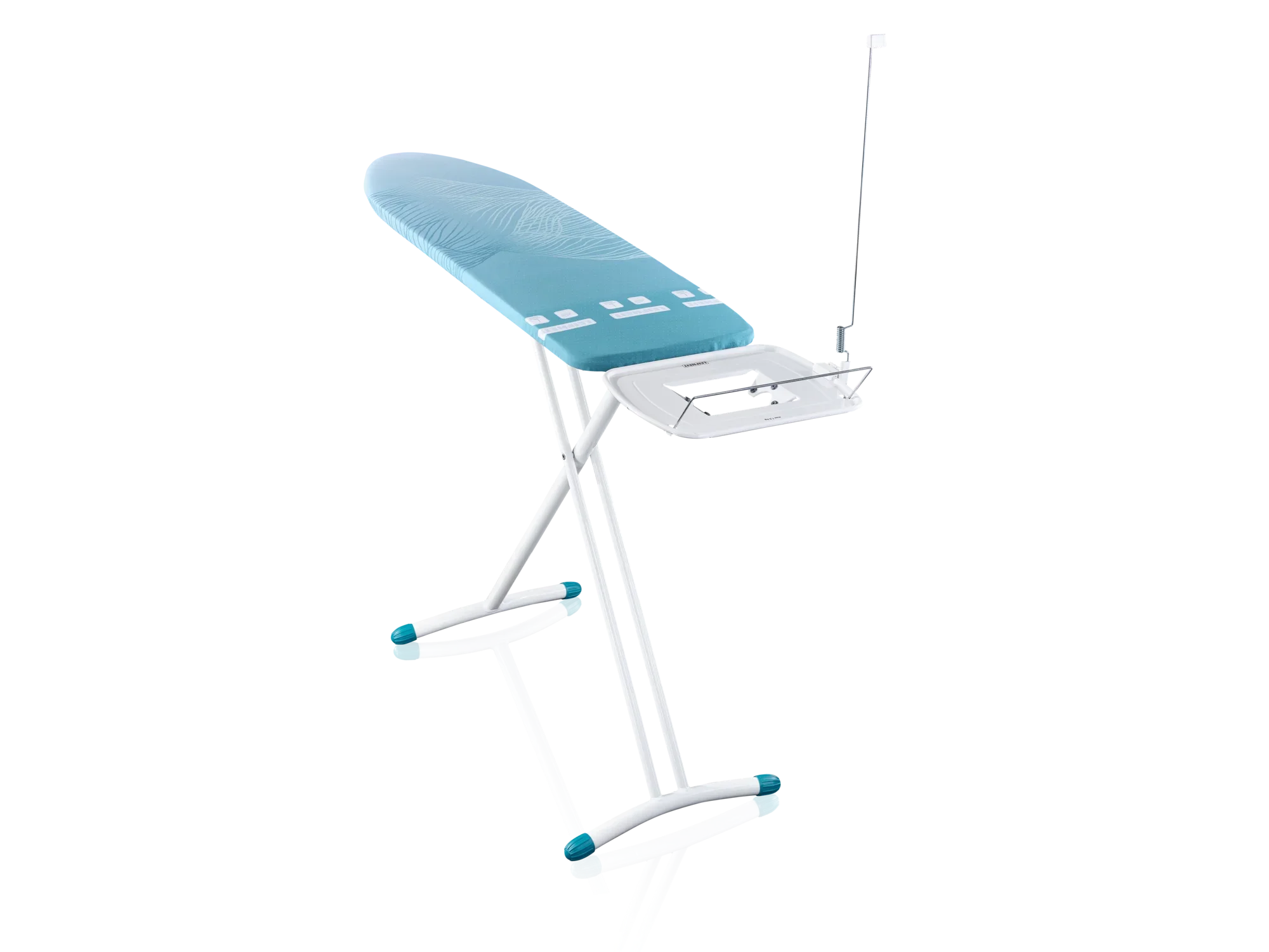 Bügelbrett Leifheit Air Board Express L Solid in Blau mit stabilen weißen Beinen und einer integrierten Ablage für das Bügeleisen. Ideal für effizientes Bügeln.
