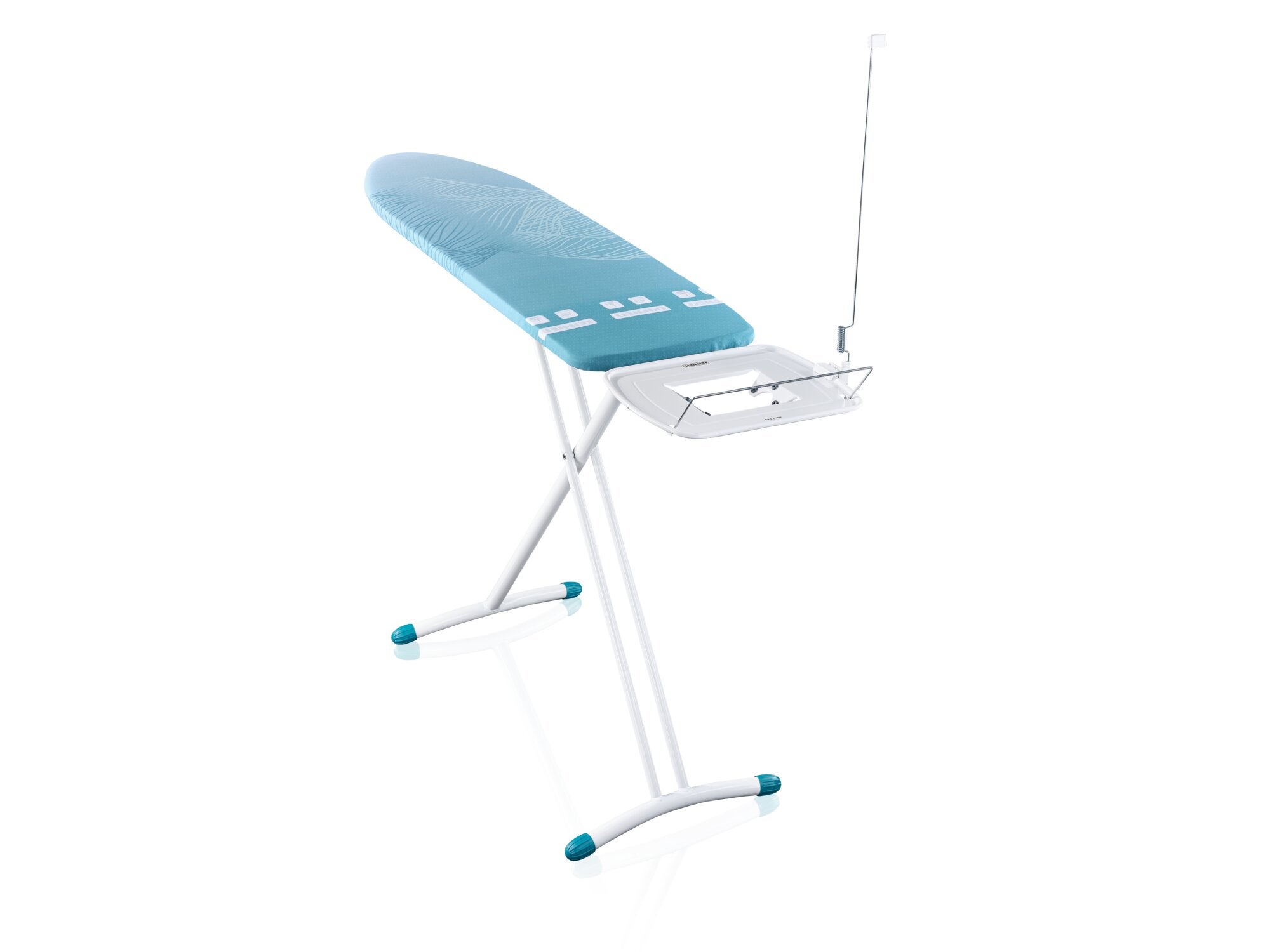 Bügelbrett Leifheit Air Board Express L Solid in Blau mit stabilen weißen Beinen und einer integrierten Ablage für das Bügeleisen. Ideal für effizientes Bügeln.