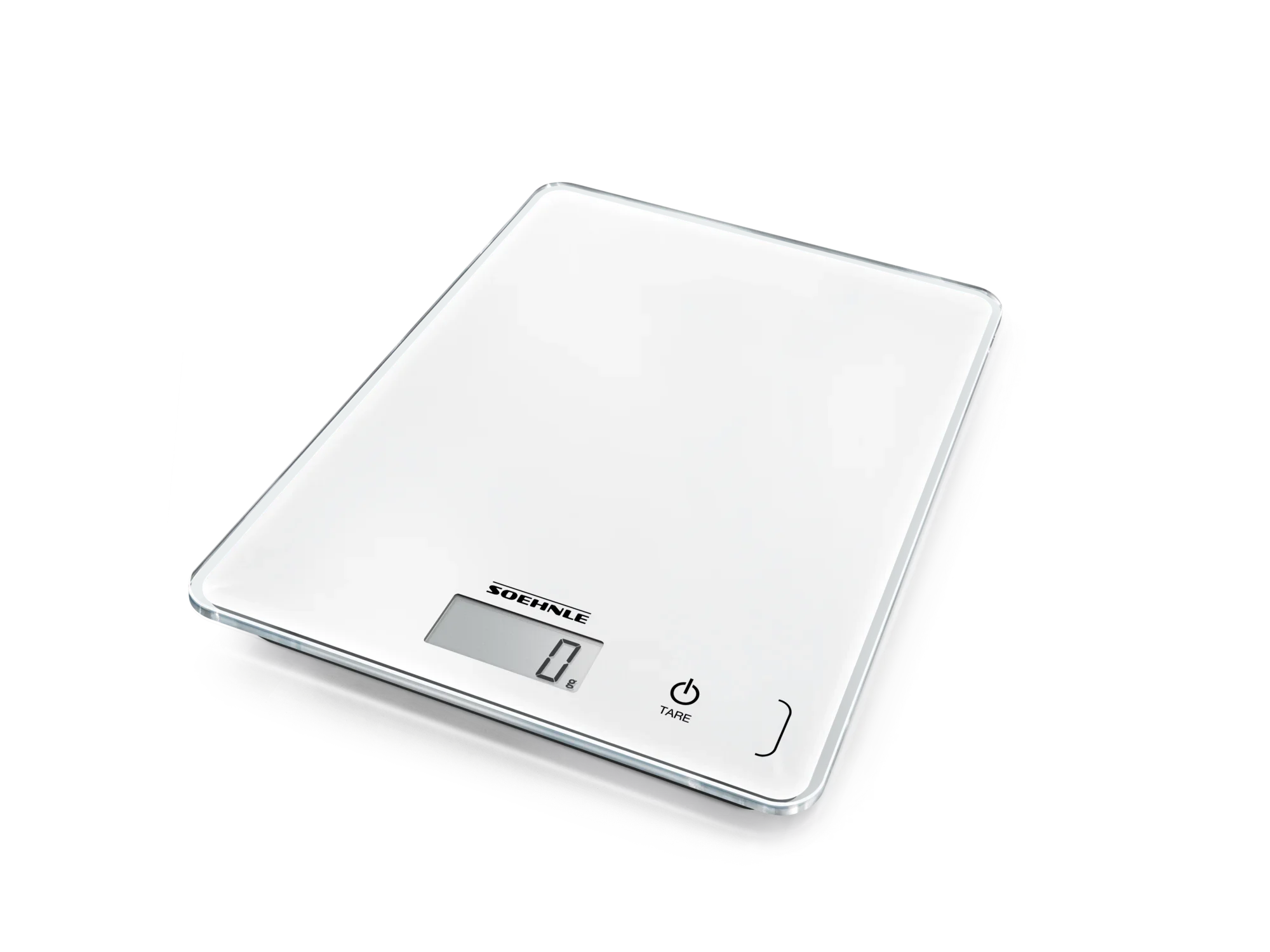 Cyfrowa waga kuchenna Page Compact 300 w eleganckim białym kolorze. Waga wyświetla 0 gramów i posiada czytelny wyświetlacz cyfrowy oraz dotykową powierzchnię sterującą. Idealna do precyzyjnego ważenia w kuchni.