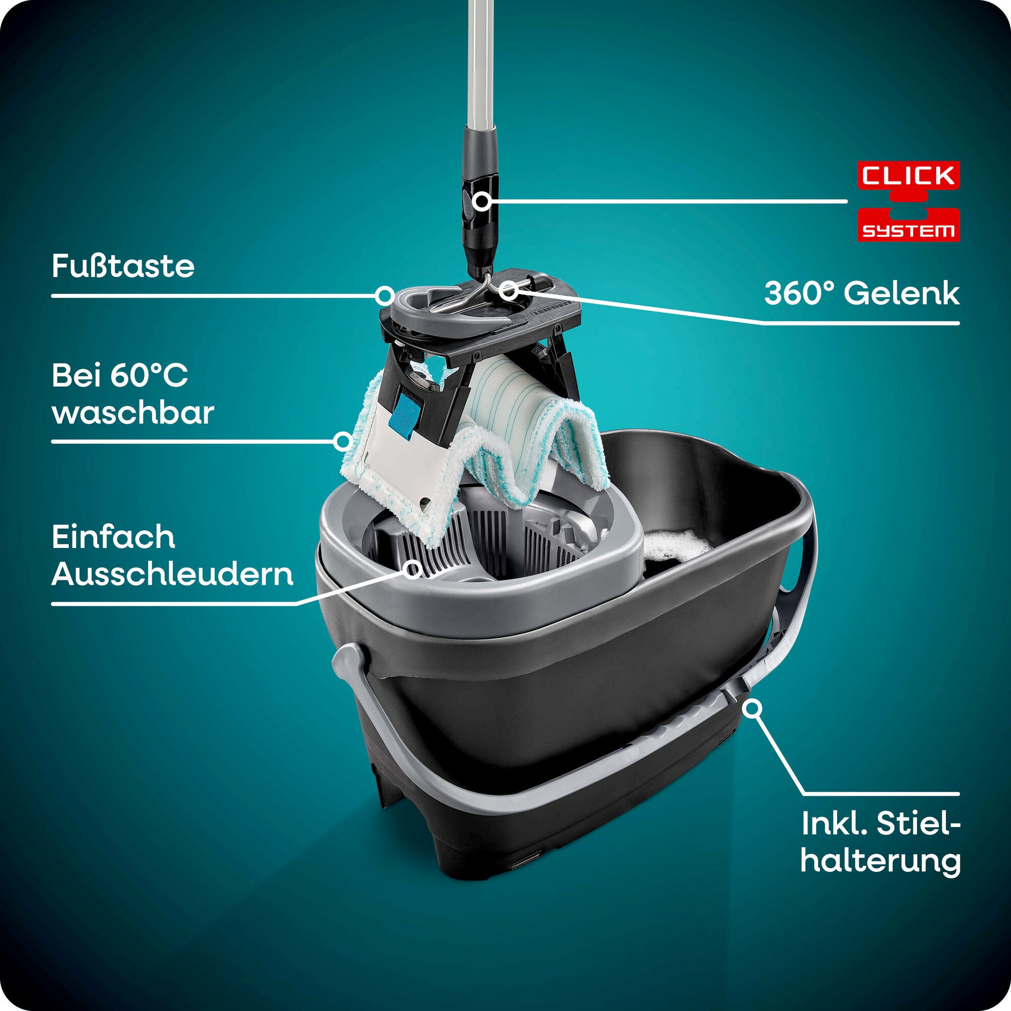 Leifheit Set CLEAN TWIST M Black mit Eimer, Schleudersieb und Flachwischer in Schwarz. Hervorgehoben sind Fußtaste, 360°-Gelenk, Stielhalterung und bei 60 °C waschbarer Bezug.