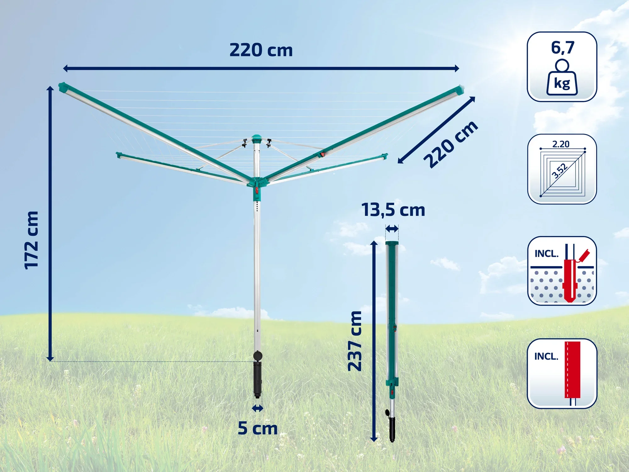 Suszarka obrotowa o rozpiętości 220 cm i wysokości 172 cm. Składana do długości 237 cm. Zawiera gniazdo uziemienia i osłonę ochronną. Waga: 6,7 kg. Idealna do dużych ilości prania.