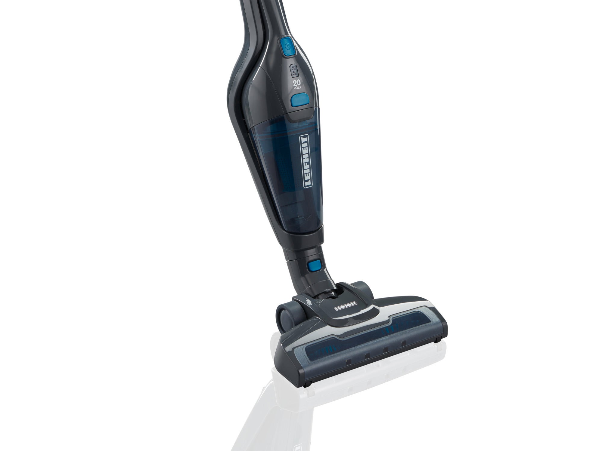 Bezprzewodowy odkurzacz Rotaro PowerVac 2w1 o eleganckim wyglądzie. Odkurzacz jest czarny z niebieskimi akcentami i idealnie nadaje się do czyszczenia podłóg.