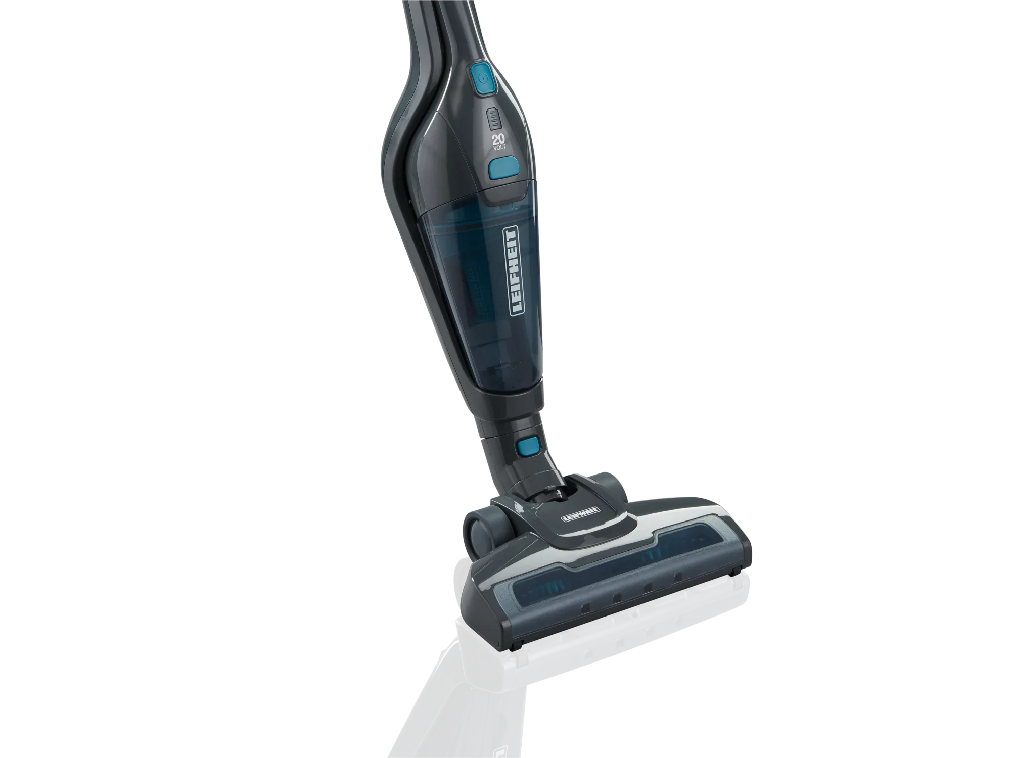 Aspirateur sans fil Rotaro PowerVac 2in1 au design élégant. L'aspirateur est noir avec des accents bleus et est idéal pour nettoyer les sols.