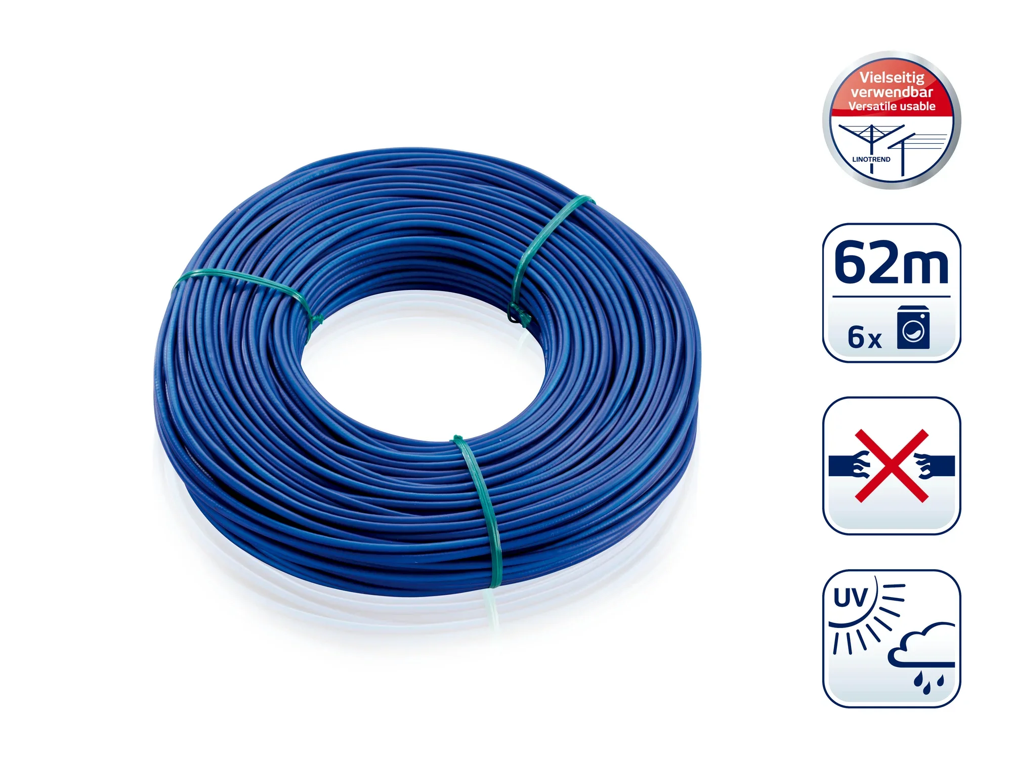 Niebieski sznur do bielizny o długości 62 metrów, odpowiedni do użytku na zewnątrz. Jest odporny na promieniowanie UV i warunki atmosferyczne, idealny do wszechstronnego użytku na zewnątrz.