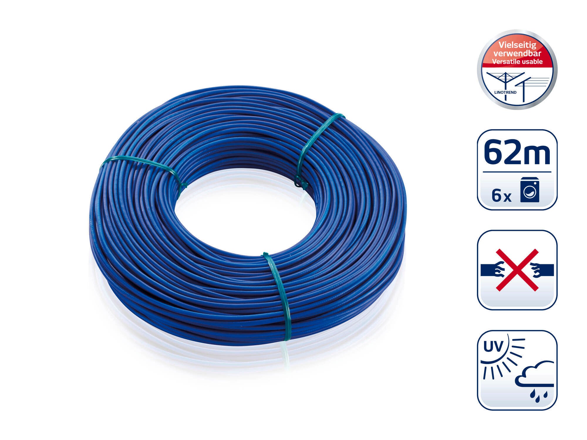 Ein blaues Wäscheleine-Bündel mit 62 Metern Länge, geeignet für den Außenbereich. Es ist UV-beständig und wetterfest, ideal für den vielseitigen Einsatz im Freien.
