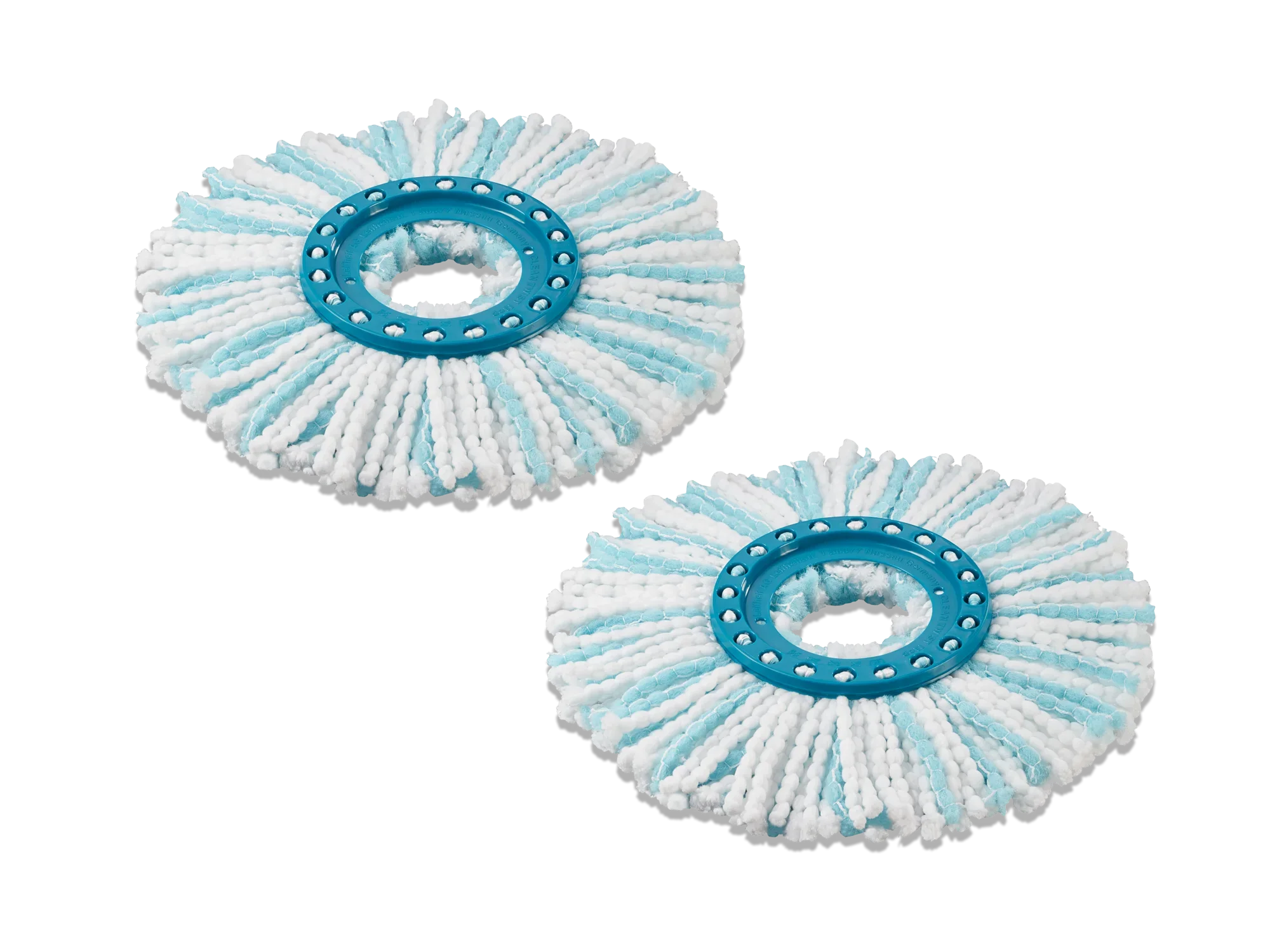 Zwei Ersatzköpfe für den CLEAN TWIST Disc Mop micro duo im 2er-Set. Die Köpfe sind rund, mit blauen und weißen Fasern, ideal für gründliche Reinigung.