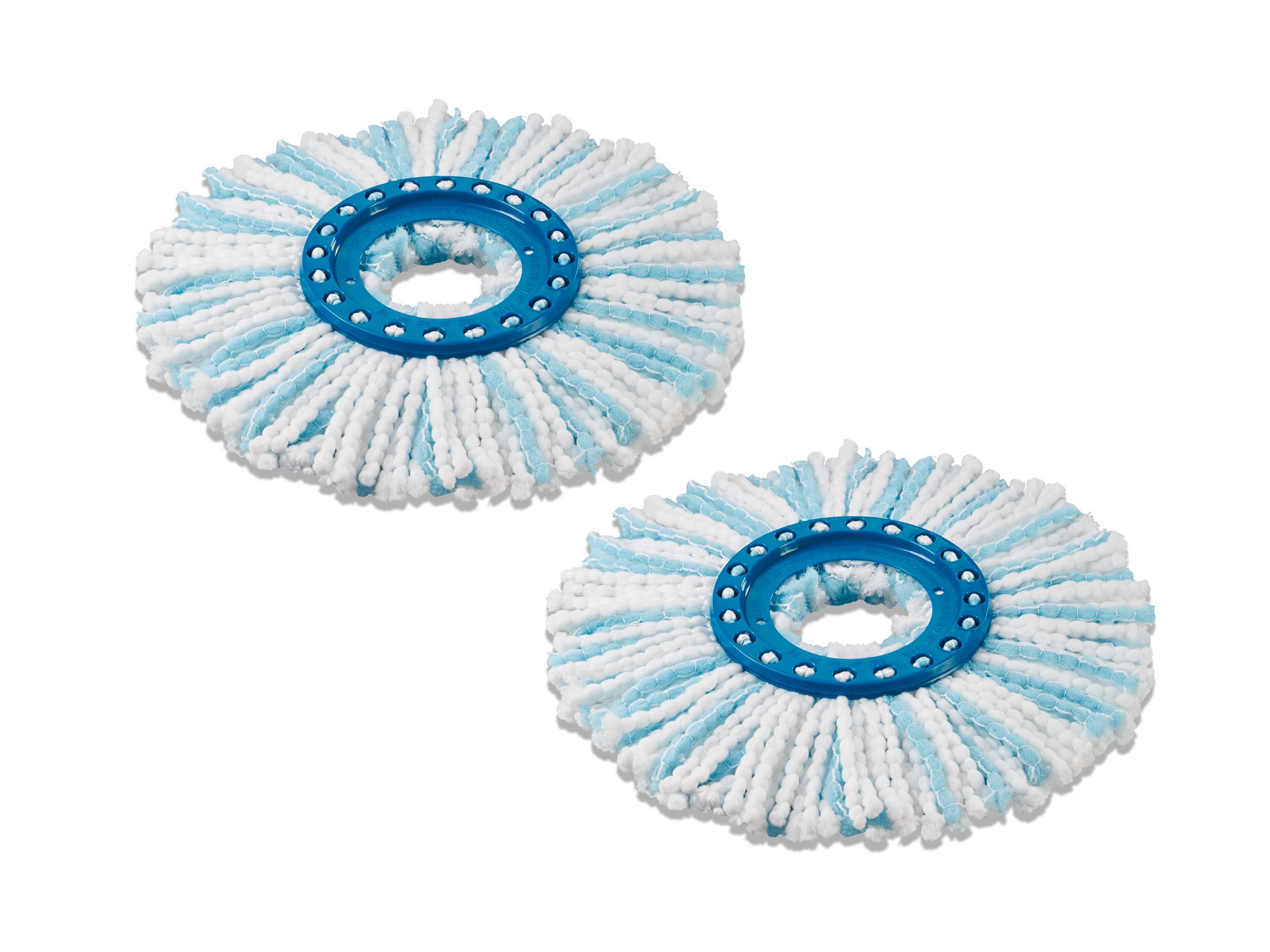 Twee vervangingskoppen voor de CLEAN TWIST Disc Mop micro duo in een set van 2. De koppen zijn rond, met blauwe en witte vezels, ideaal voor grondig schoonmaken.