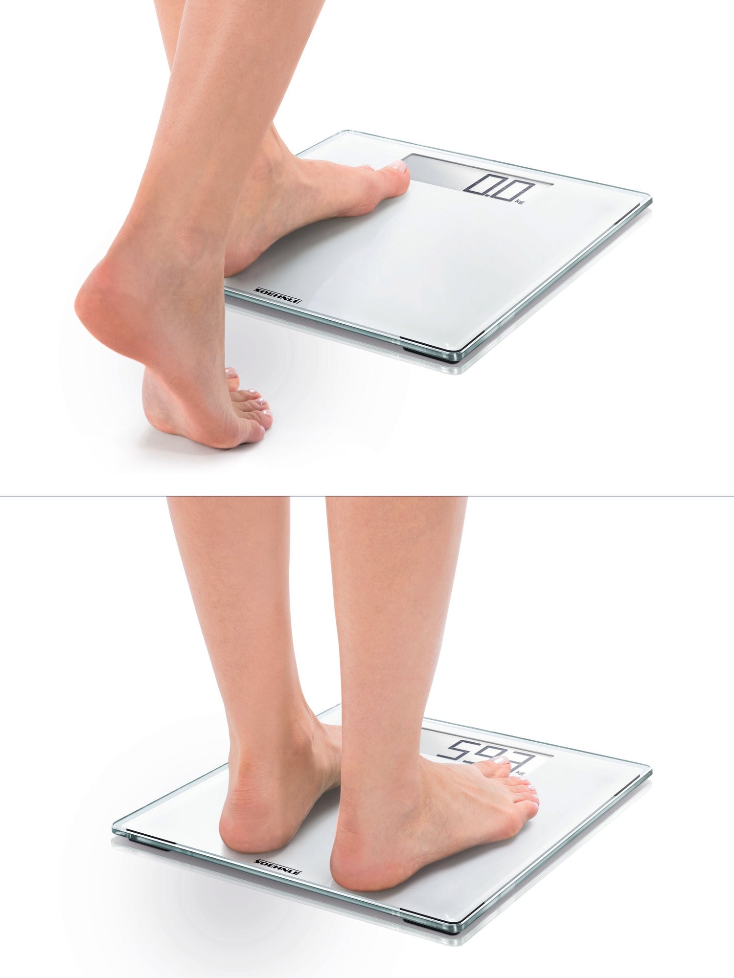 Eine Person steht barfuß auf der digitalen Personenwaage Style Sense Comfort 100. Die Waage zeigt das Gewicht auf einem klaren, gut lesbaren Display an. Ideal für präzise Gewichtsmessungen.