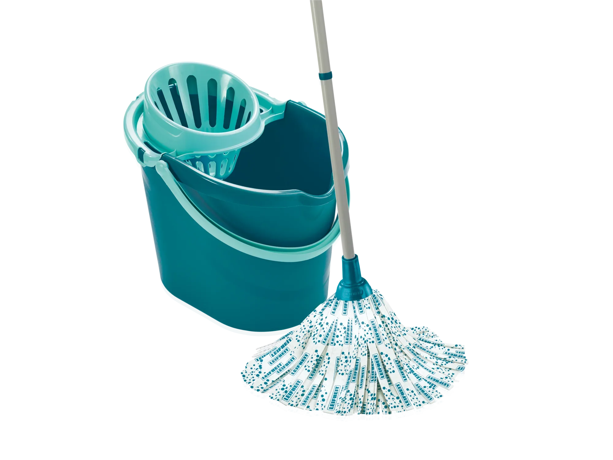 Ein Set bestehend aus einem Classic Mop aus Viskose und einem Eimer mit Auswringvorrichtung. Ideal für die gründliche Reinigung von Böden in Ihrem Zuhause.