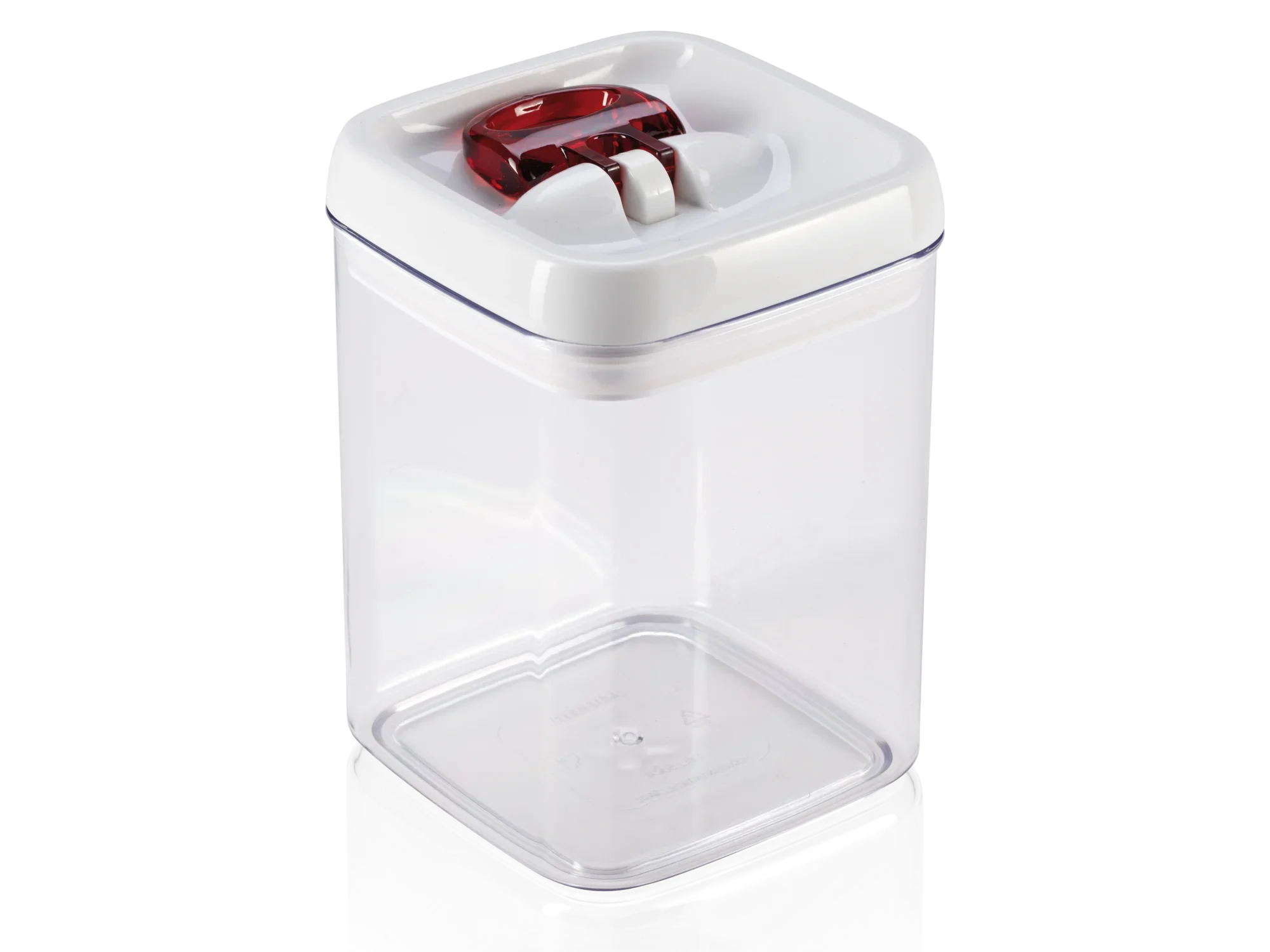 Een transparante, rechthoekige voorraadbus met een inhoud van 1600 ml. De container heeft een wit deksel met een rood sluitmechanisme, ideaal voor het bewaren van voedsel.