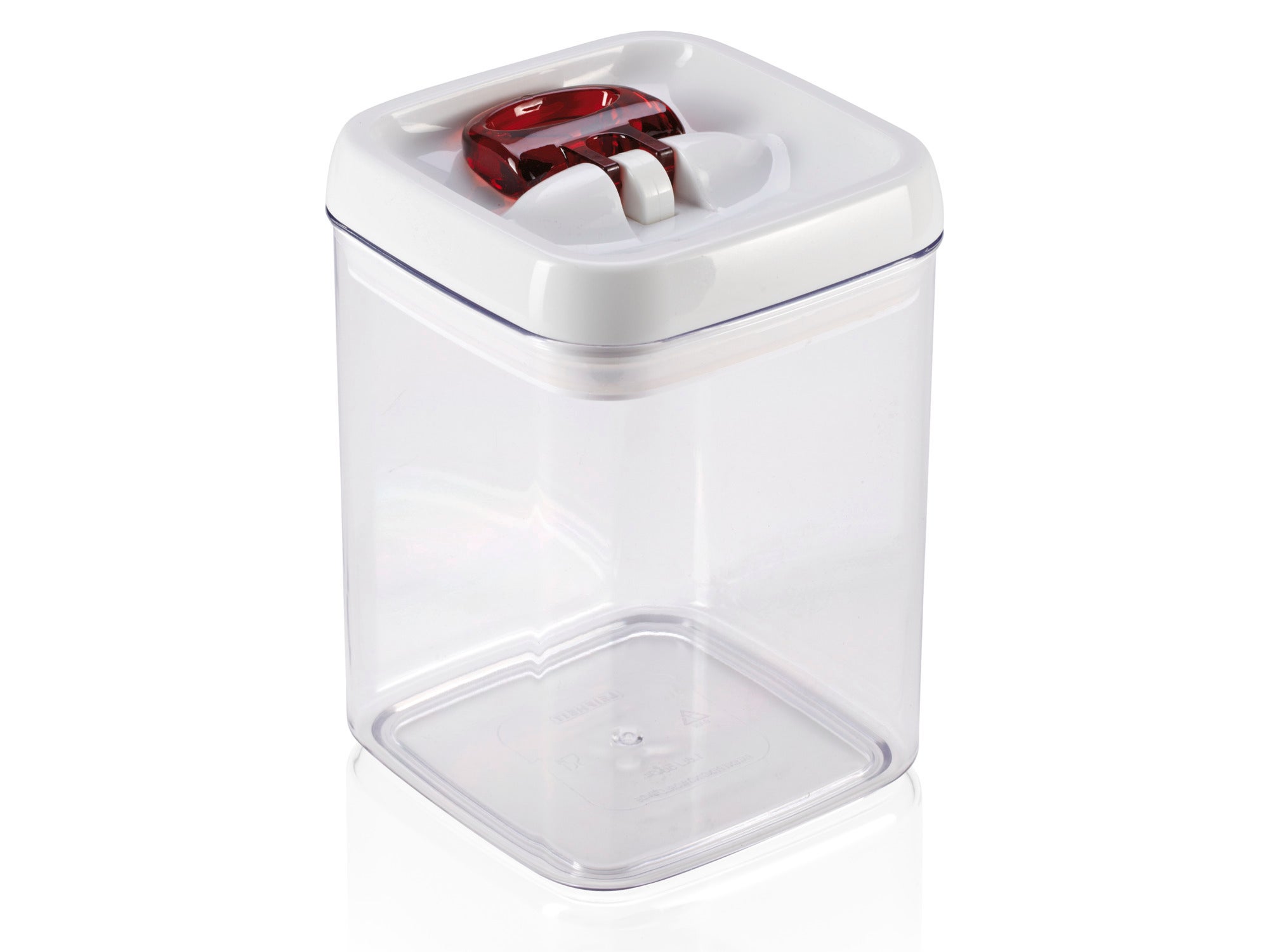 Ein transparenter, rechteckiger Vorratsbehälter mit einem Fassungsvermögen von 1600 ml. Der Behälter hat einen weißen Deckel mit einem roten Verschlussmechanismus, ideal zur Aufbewahrung von Lebensmitteln.