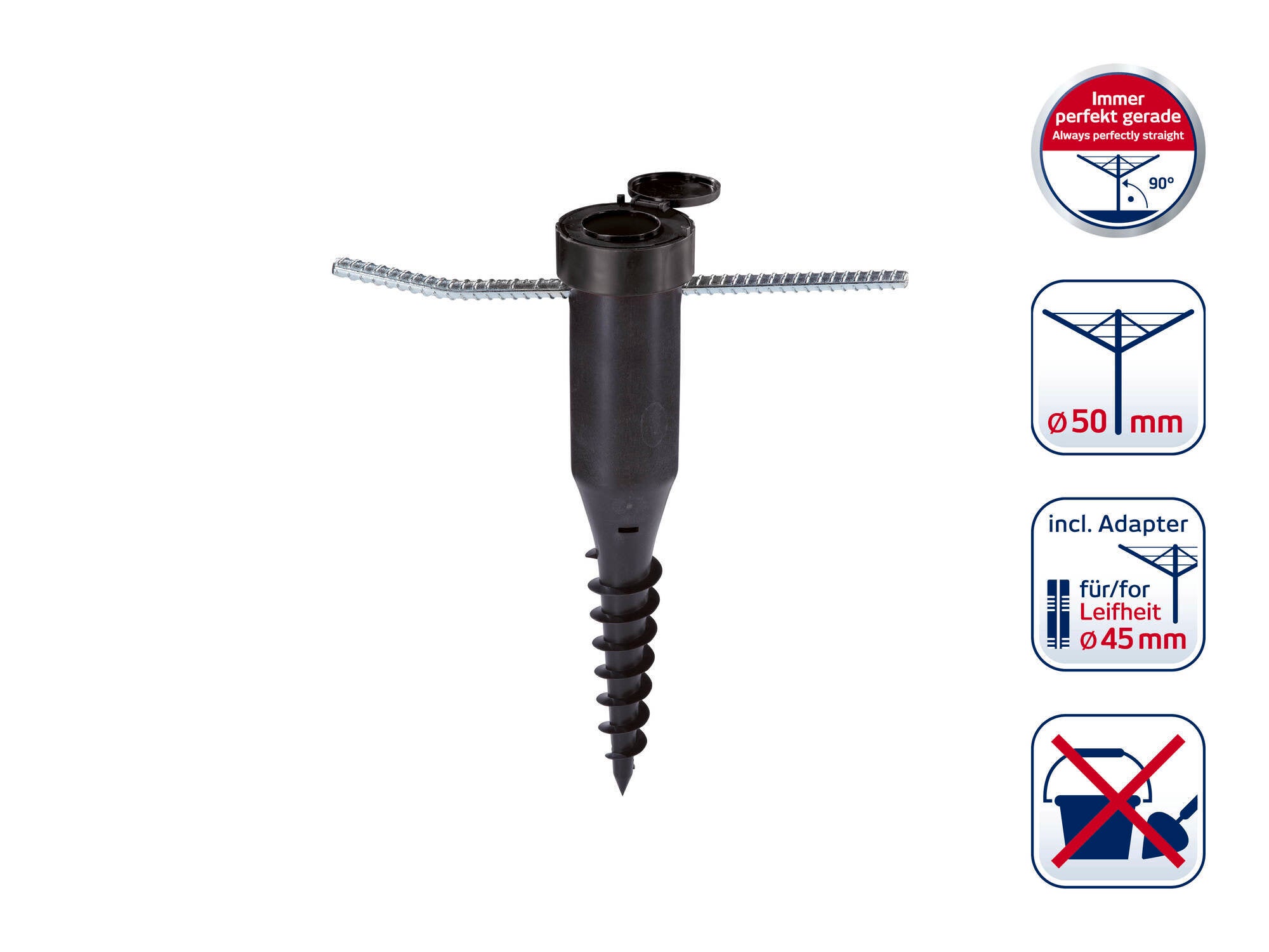Un anclaje al suelo estable para tendederos plegables con un diámetro de 50 mm. Incluye un adaptador para modelos Leifheit de 45 mm. Fácil de instalar, sin hormigón.