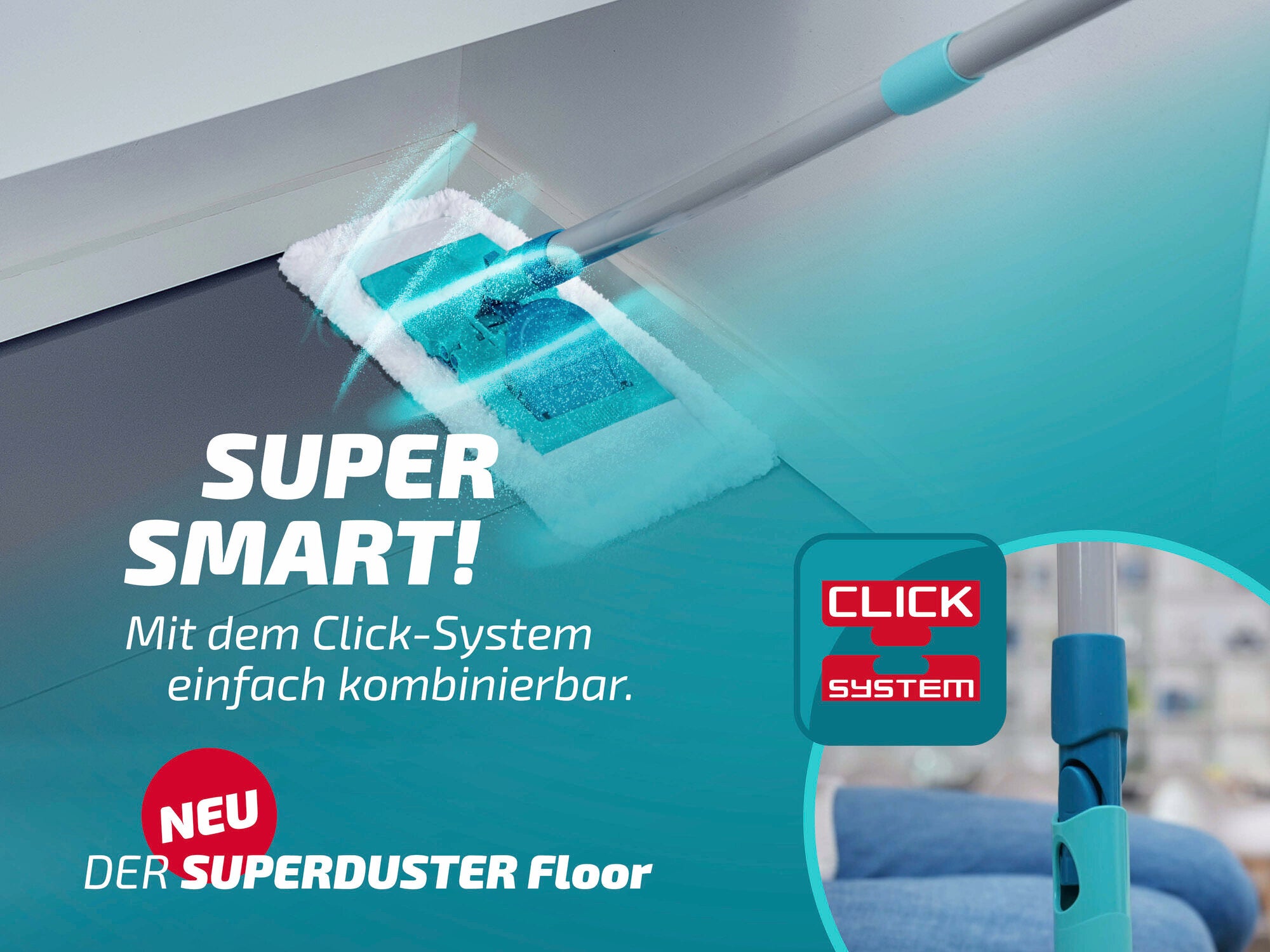 Der Leifheit Superduster Floor ist ein innovativer Bodenwischer mit Click-System, das eine einfache Kombination ermöglicht. Ideal für effiziente Reinigungsergebnisse.