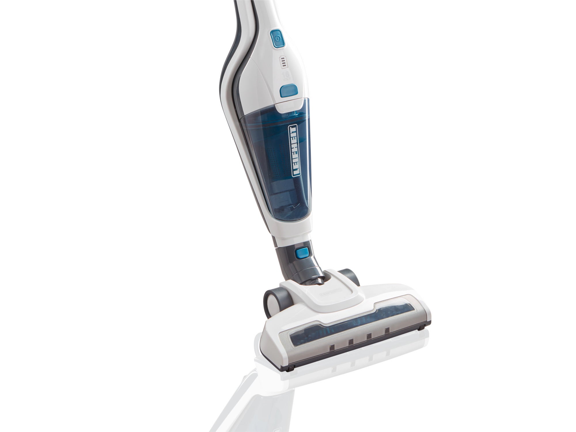 Aspiradora con batería Rotaro PowerVac 2in1 en blanco y azul. El aparato no tiene cable y ofrece una solución de limpieza flexible para diferentes tipos de suelos. Ideal para el uso diario.