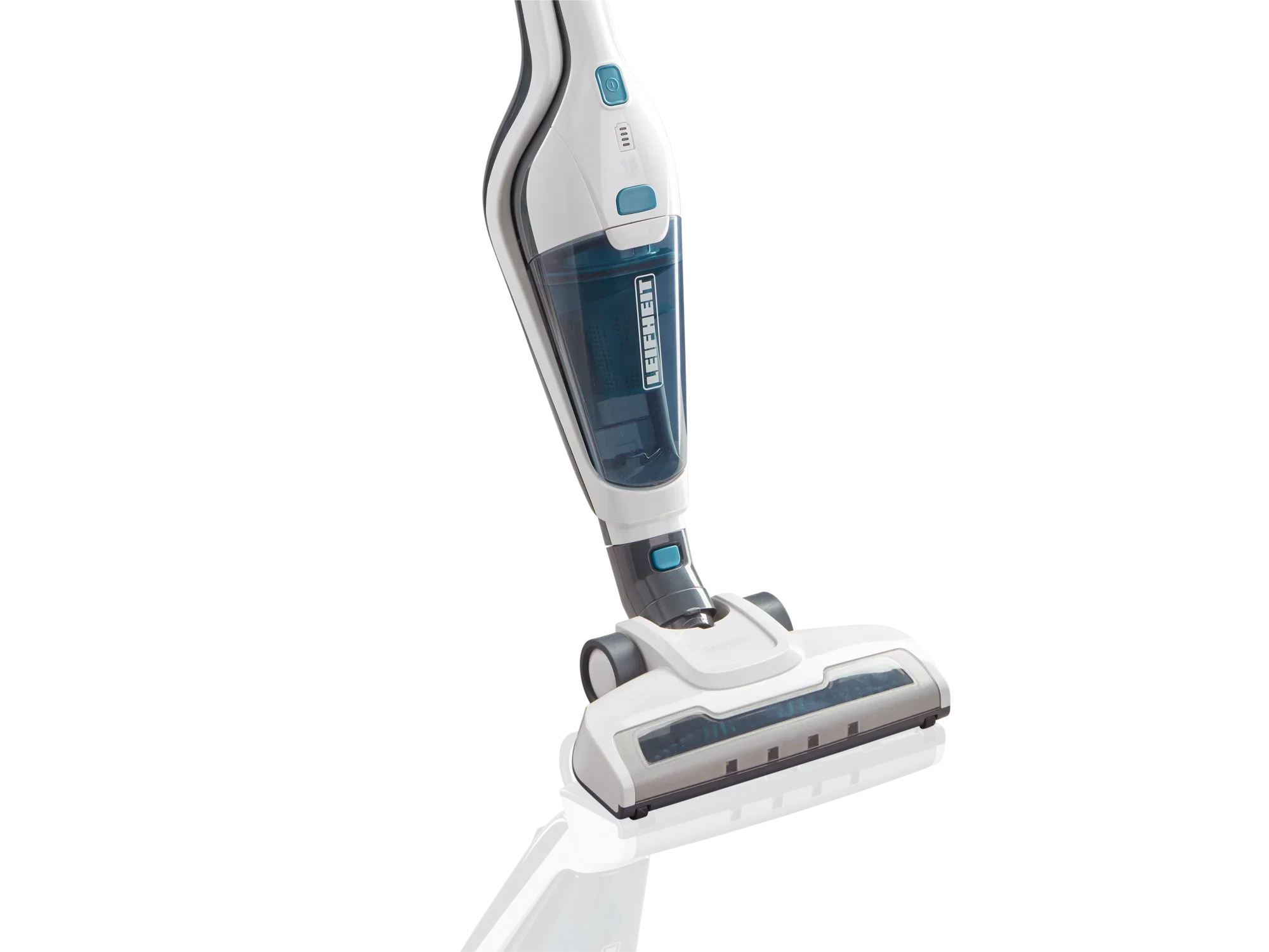 Aspirateur sans fil Rotaro PowerVac 2in1 en blanc et bleu. L'appareil est sans fil et offre une solution de nettoyage flexible pour différents types de sols. Idéal pour un usage quotidien.