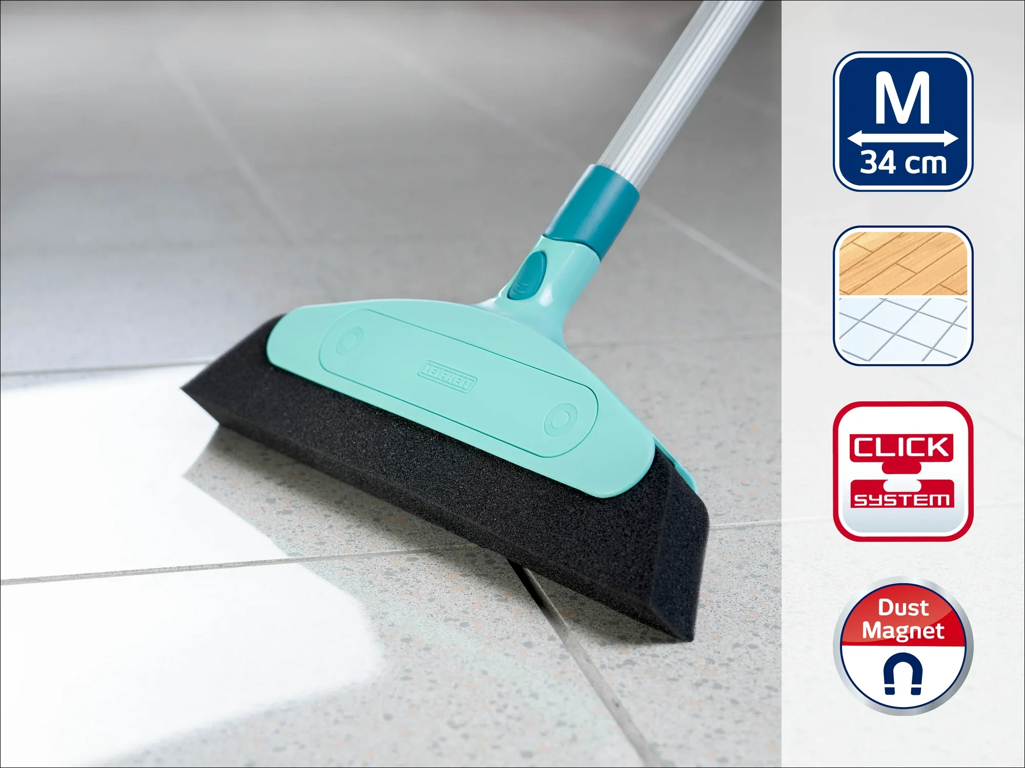 Un balai à franges Leifheit avec une tête de 34 cm de large, idéal pour les carreaux. Équipé du système Click et d'un aimant à poussière, parfait pour un nettoyage efficace.