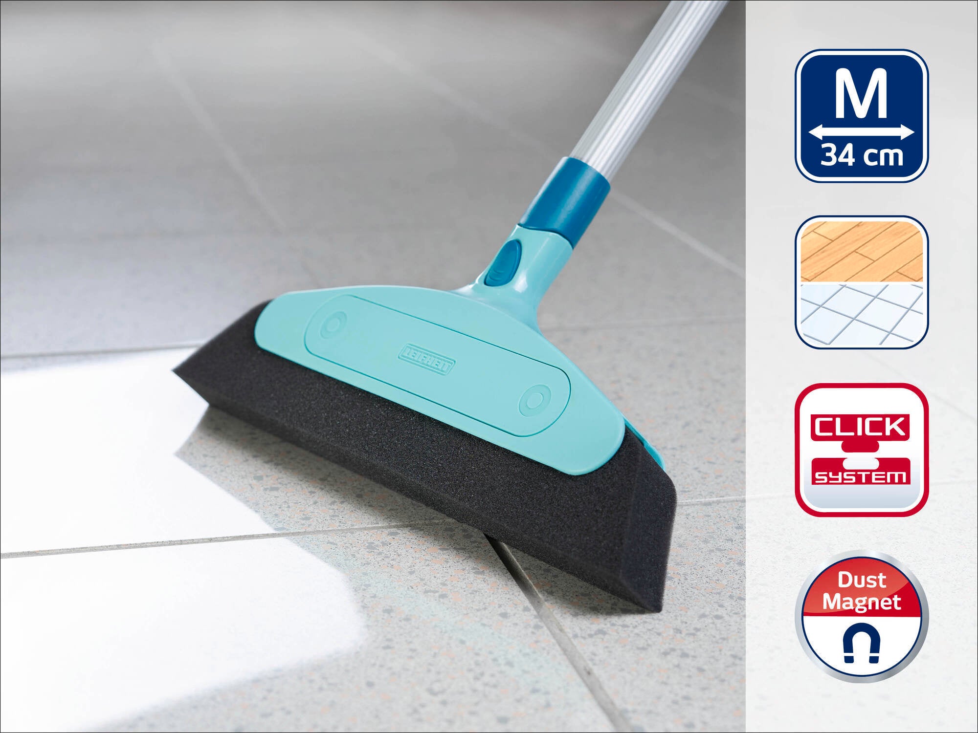 A Leifheit floor mop with a 34 cm wide mop head, ideal for tiles. Equipped with a click system and dust magnet, perfect for efficient cleaning.