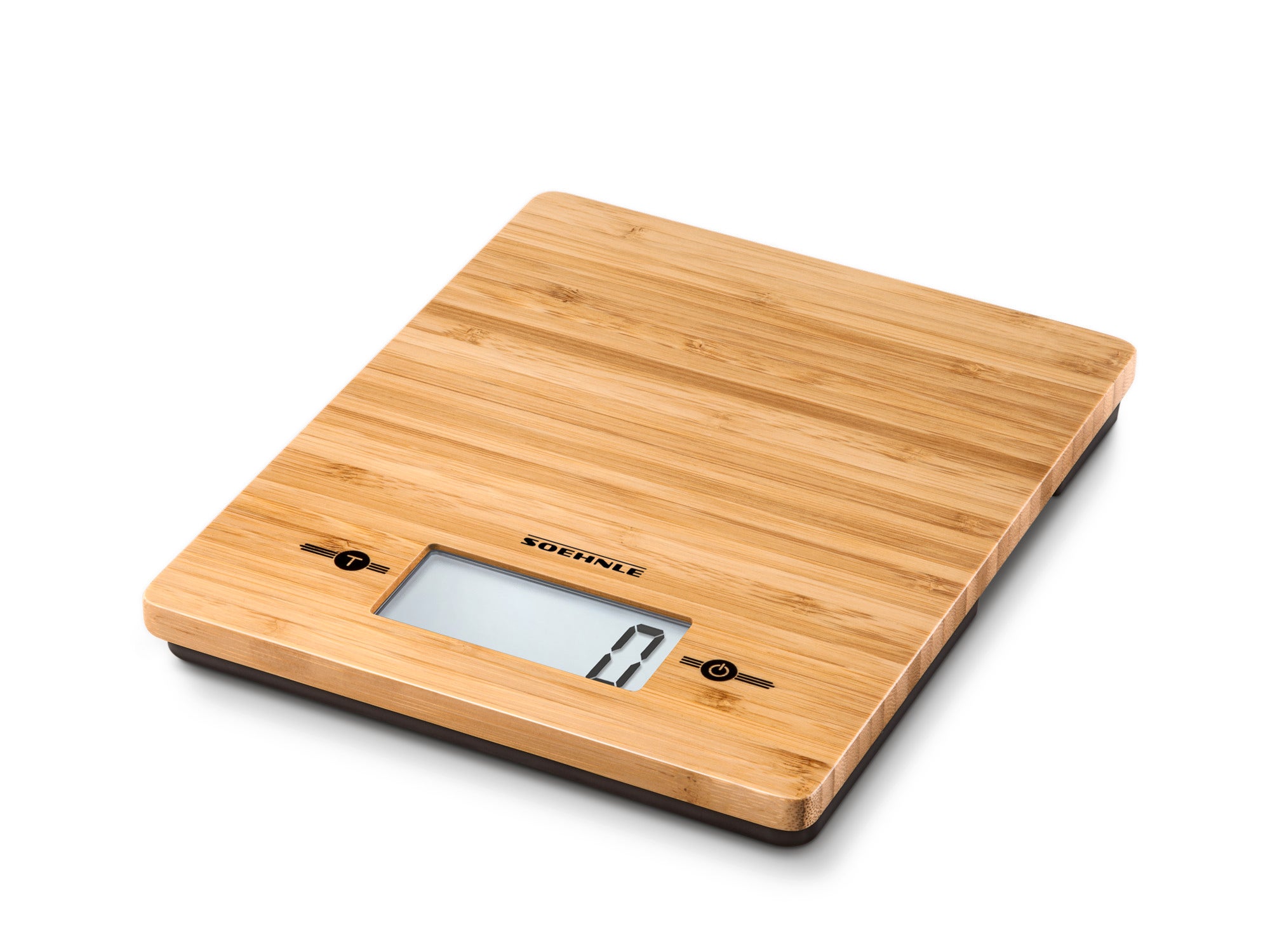 Digitale Küchenwaage Bamboo mit elegantem Bambusdesign. Die Waage zeigt präzise Messungen auf einem klaren digitalen Display an und passt perfekt in moderne Küchen.