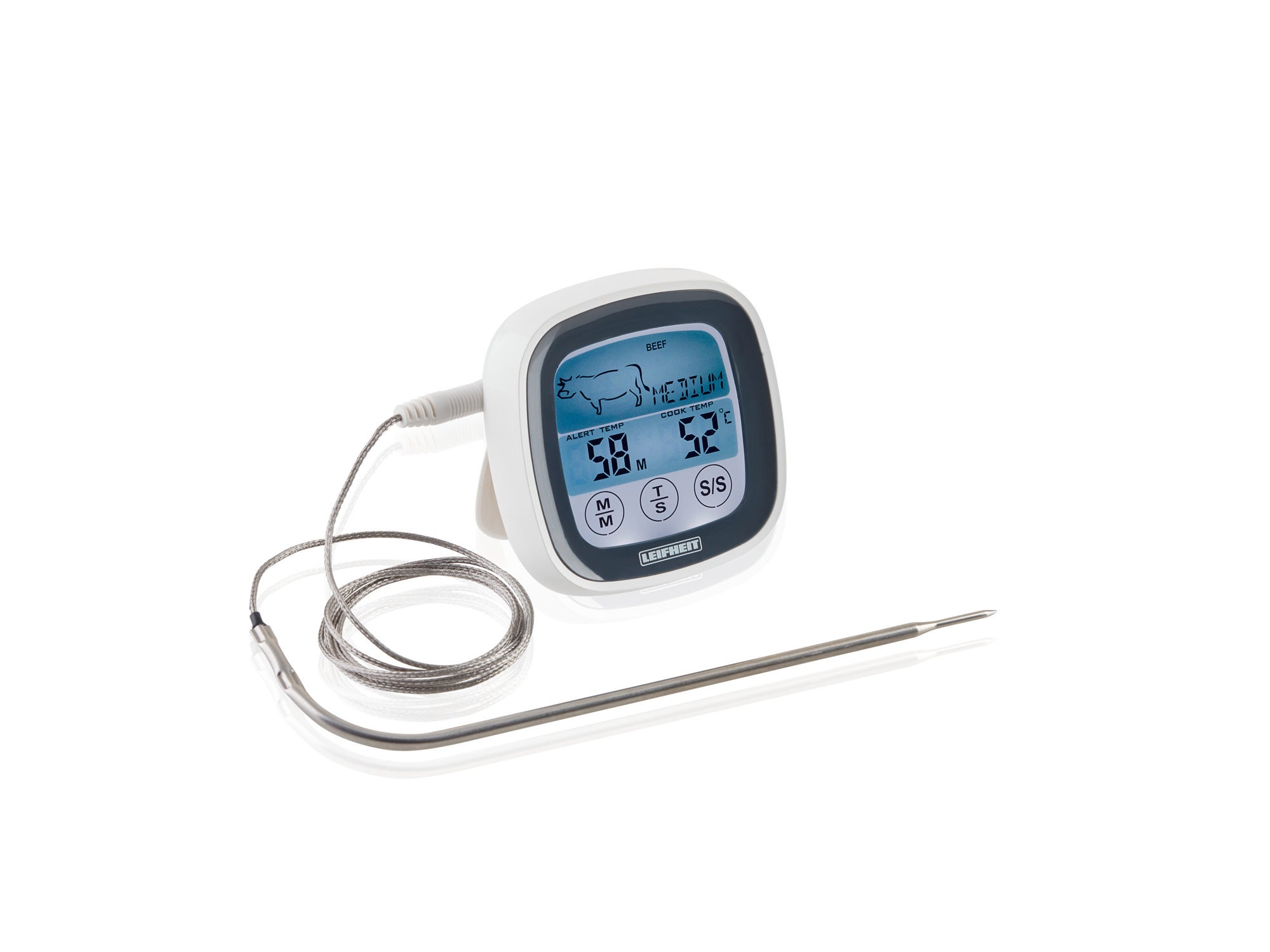 Digitales Braten- und BBQ-Thermometer mit großem Display und Edelstahlsonde. Ideal zur präzisen Überwachung der Kerntemperatur von Fleisch beim Grillen oder Braten.
