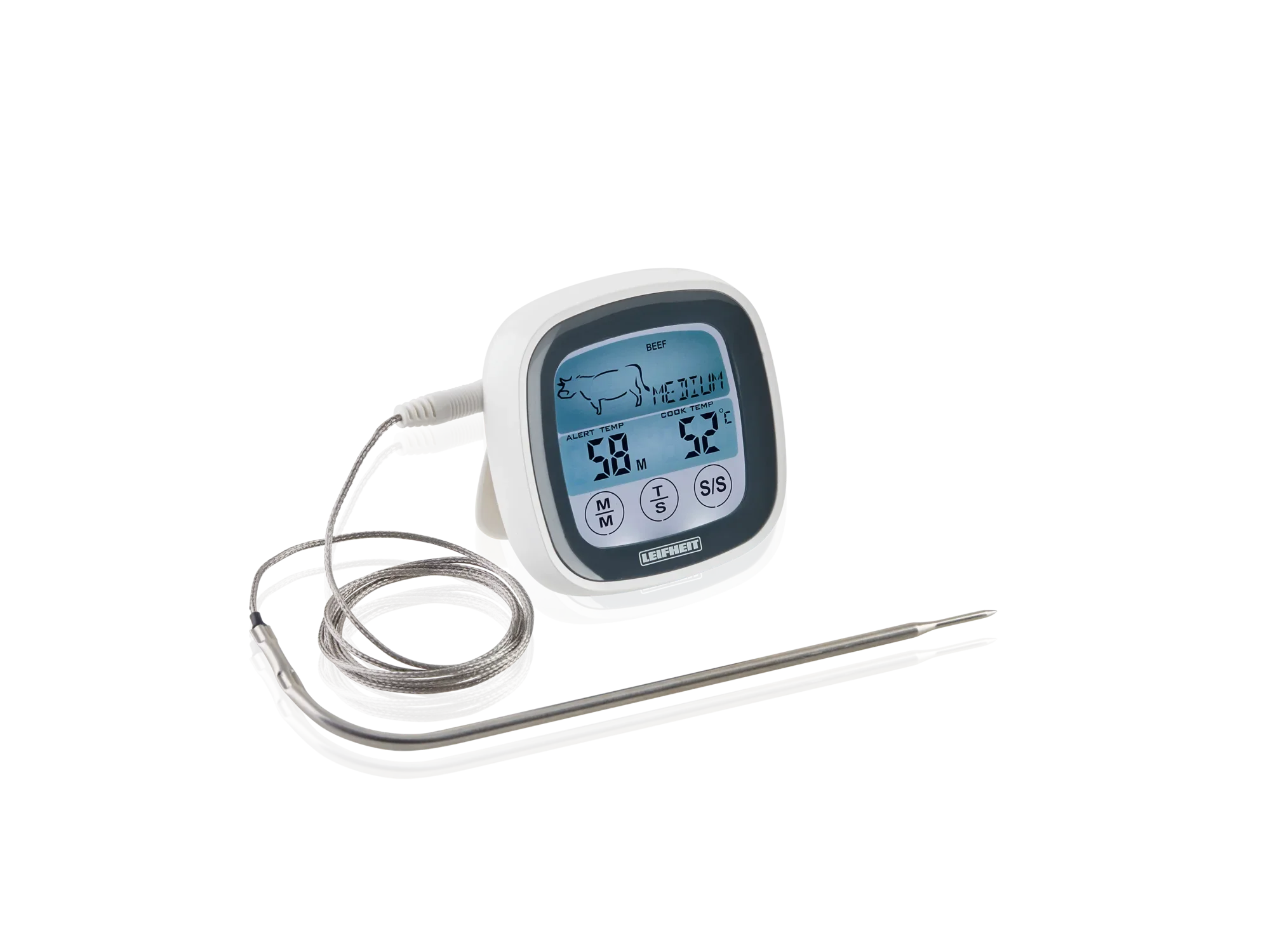 Digitale braad- en BBQ-thermometer met groot display en roestvrijstalen sonde. Ideaal voor het nauwkeurig controleren van de kerntemperatuur van vlees bij het grillen of braden.