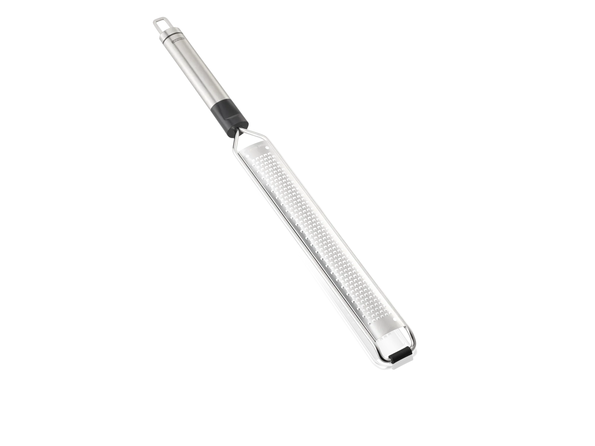 Een fijne micro-cut keukenrasp van roestvrij staal, ideaal voor het raspen van kaas, citrusvruchten of chocolade. Ergonomisch ontwerp met antisliphandvat voor veilig werken.