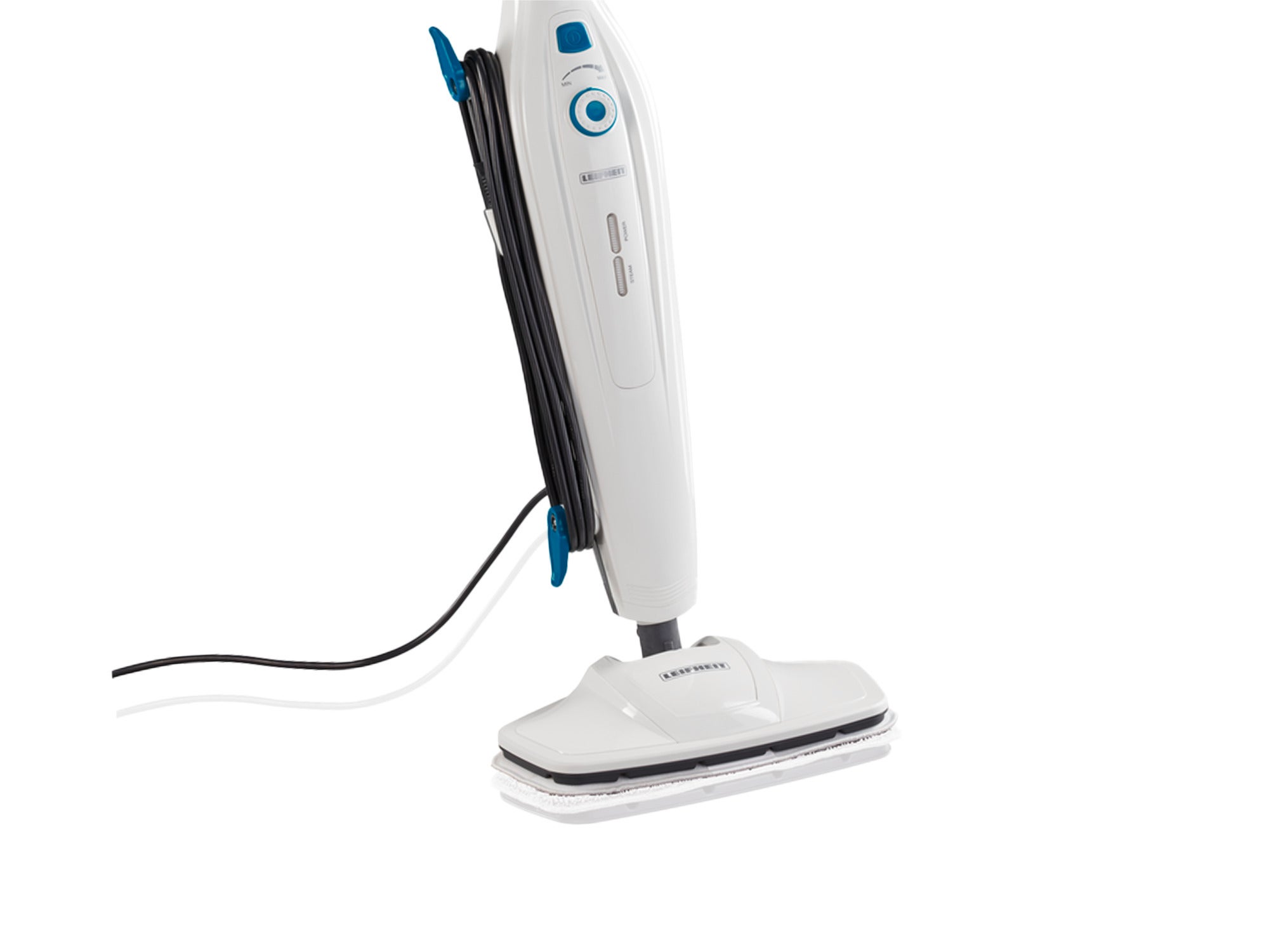 Clean Tenso stoomreiniger: Een witte, moderne stoomreiniger met een ergonomische handgreep en snoerhouder. Ideaal voor het grondig reinigen van harde vloeren.