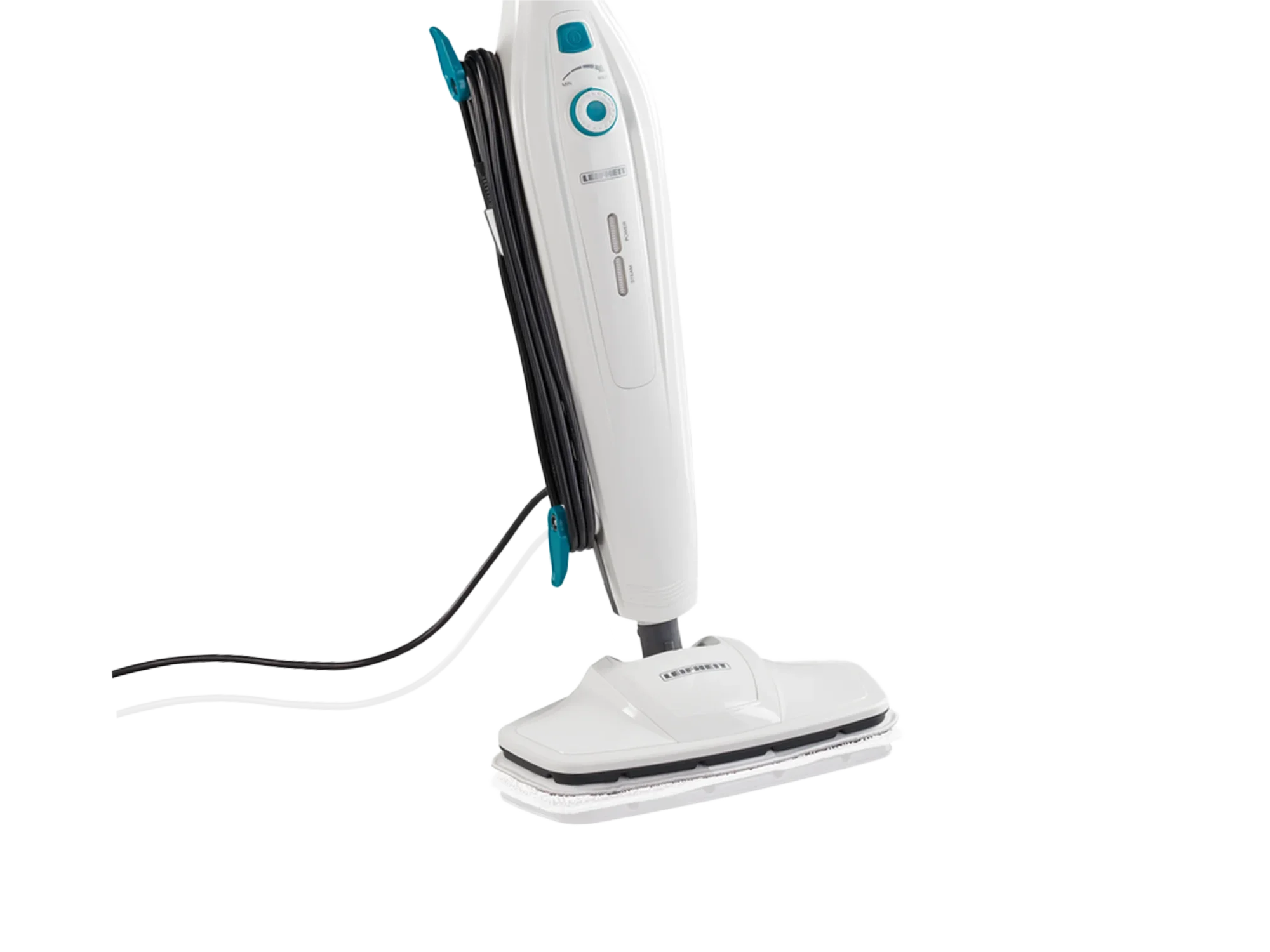 Odkurzacz parowy Clean Tenso: Biały, nowoczesny odkurzacz parowy z ergonomiczną rączką i uchwytem na kabel. Idealny do dokładnego czyszczenia twardych podłóg.