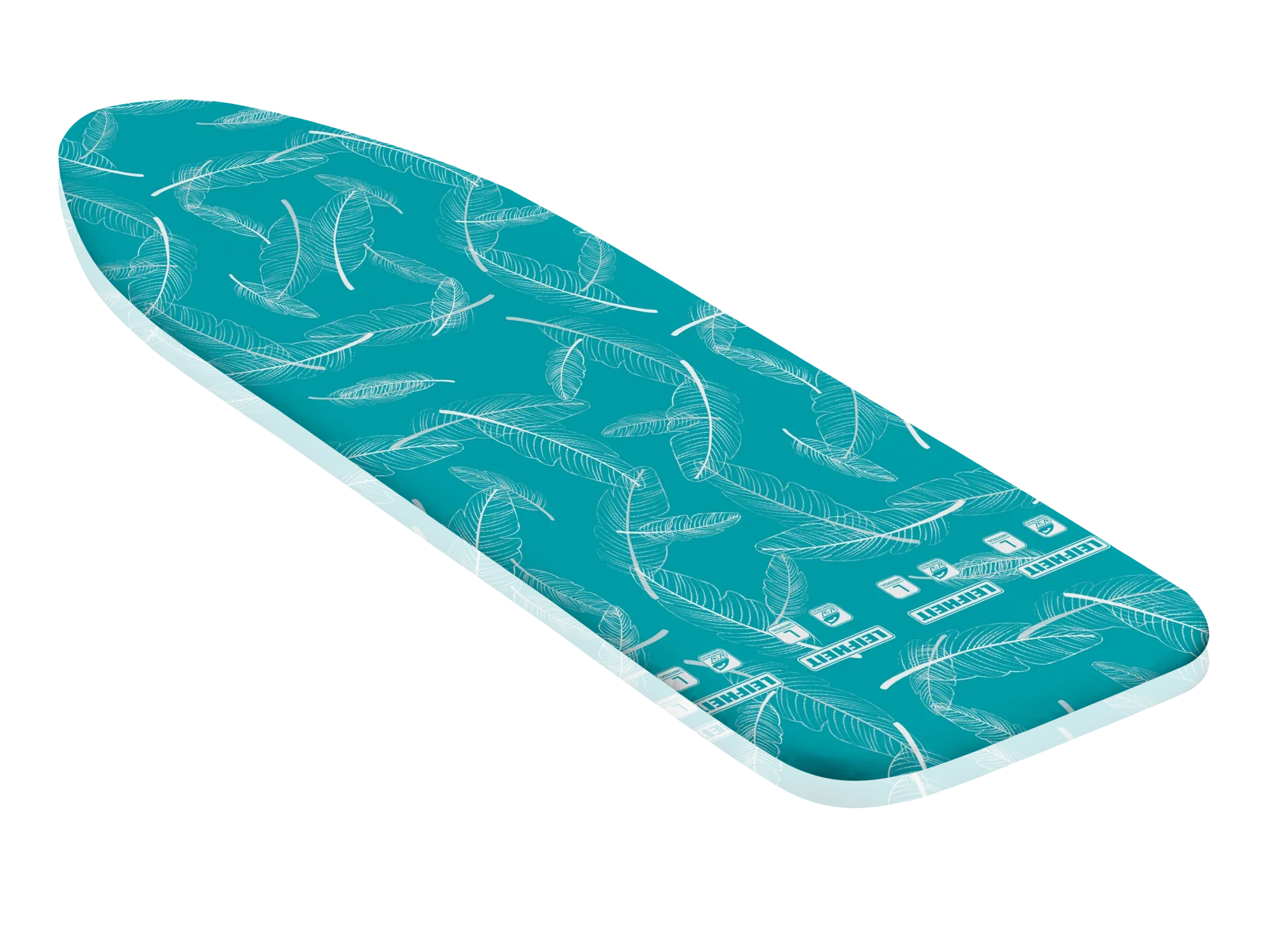 Thermo Reflect L strijkplankovertrek in turkoois met witte motieven. De hoes heeft een warmtereflecterend oppervlak voor efficiënter strijken. Ideaal voor grote strijkplanken.