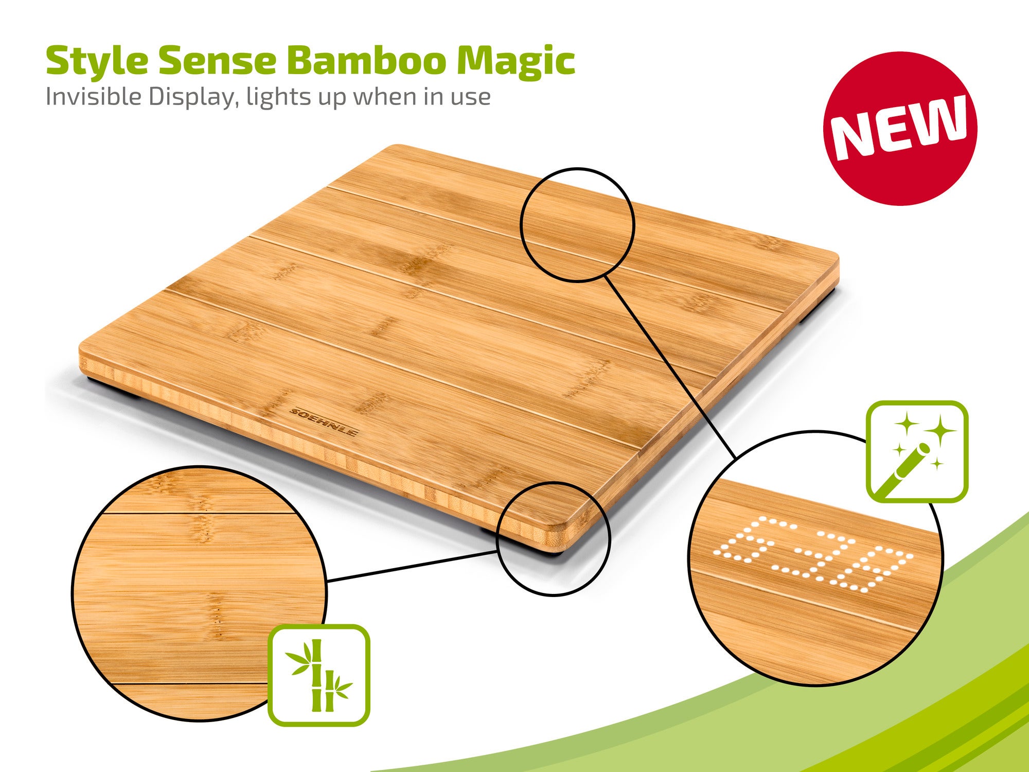 Eine flache, quadratische Waage aus Bambus mit der Aufschrift "Style Sense Bamboo Magic". Sie hat ein unsichtbares Display, das bei Benutzung aufleuchtet. Ein rotes "NEW"-Label ist sichtbar.