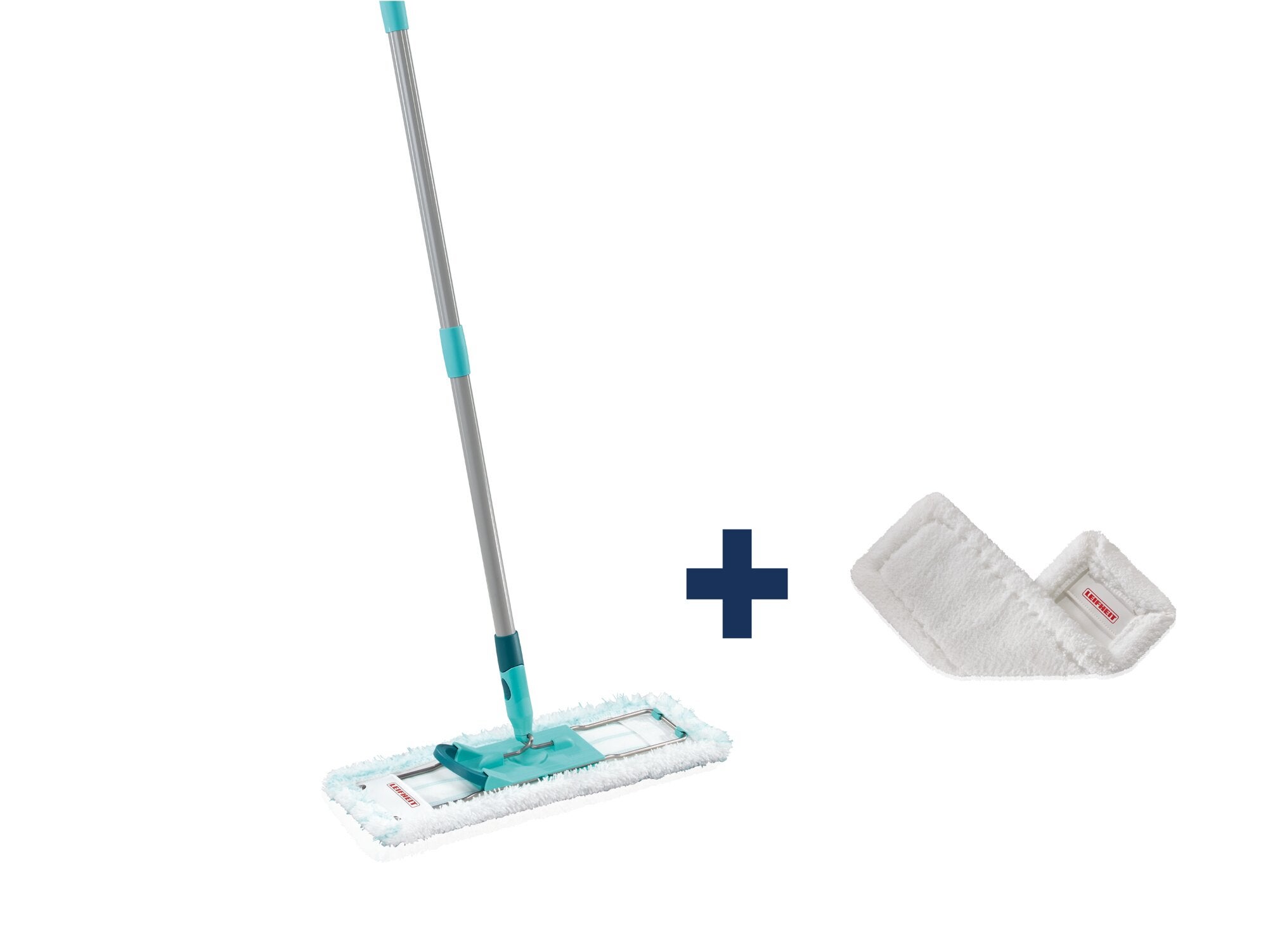 Leifheit Bodenwischer Profi XL micro duo mit Staubbezug XL auf weißem Hintergrund: Flachwischer mit türkisfarbenen Details, langem Stiel und rechteckigem Wischbezug, daneben der Zusatzbezug.