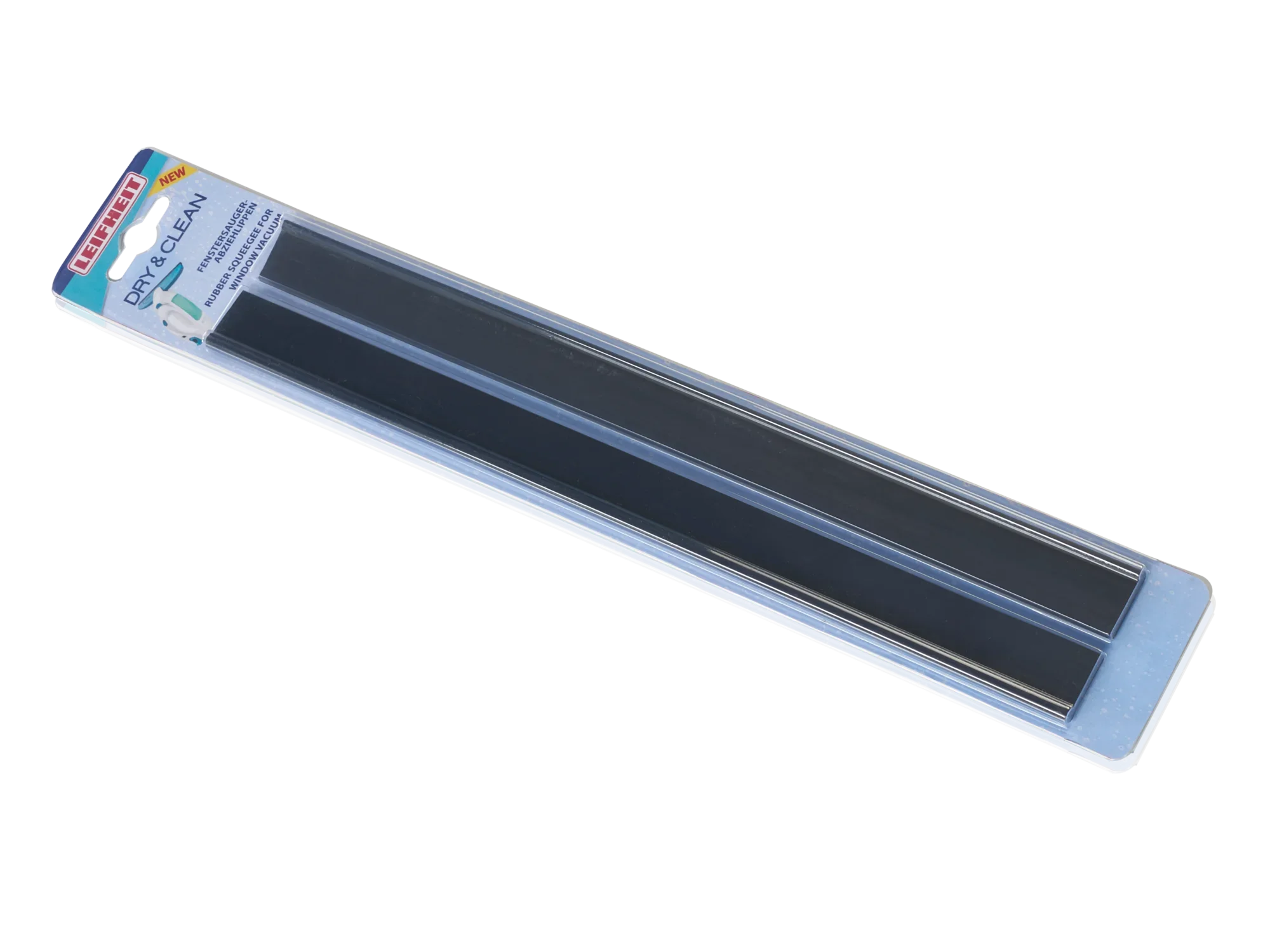 Wymienna gumowa warga do odkurzacza do okien w przezroczystym opakowaniu. Produkt jest długi i wąski, idealny do skutecznego czyszczenia szklanych powierzchni.