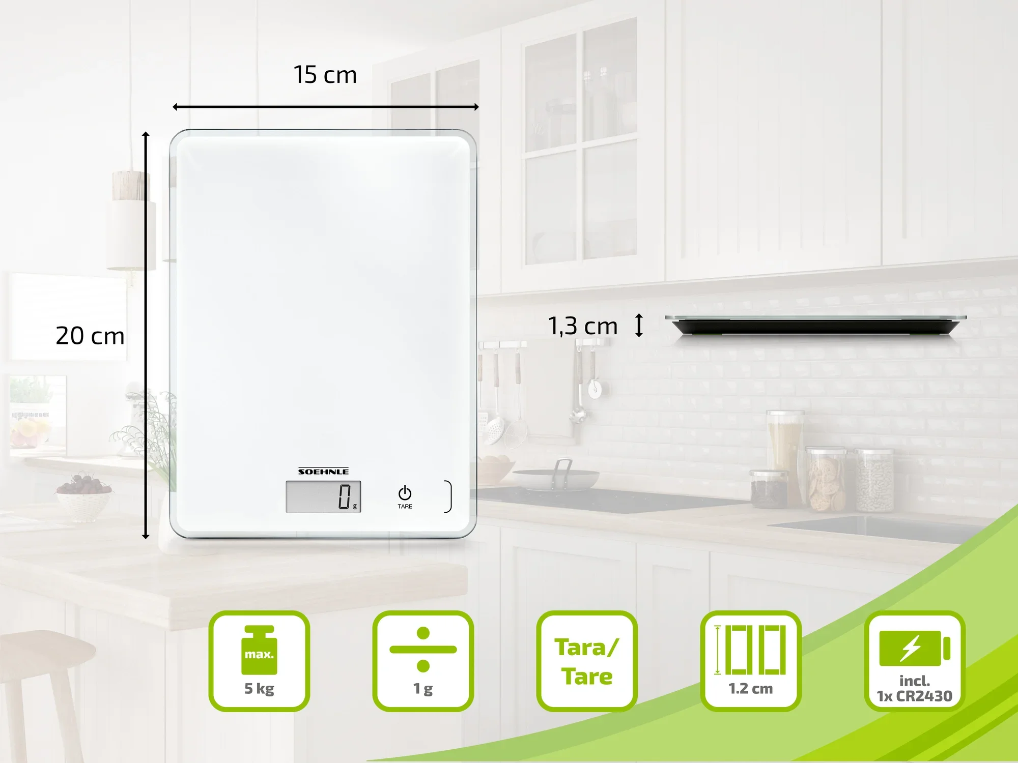 Soehnle Page Compact 300 kitchen scales: Digital scales in white with LCD display. Dimensions: 20x15x1.3 cm. Weighs up to 5 kg, accuracy 1 g. Includes 1x CR2430 battery. Ideal for precise cooking.