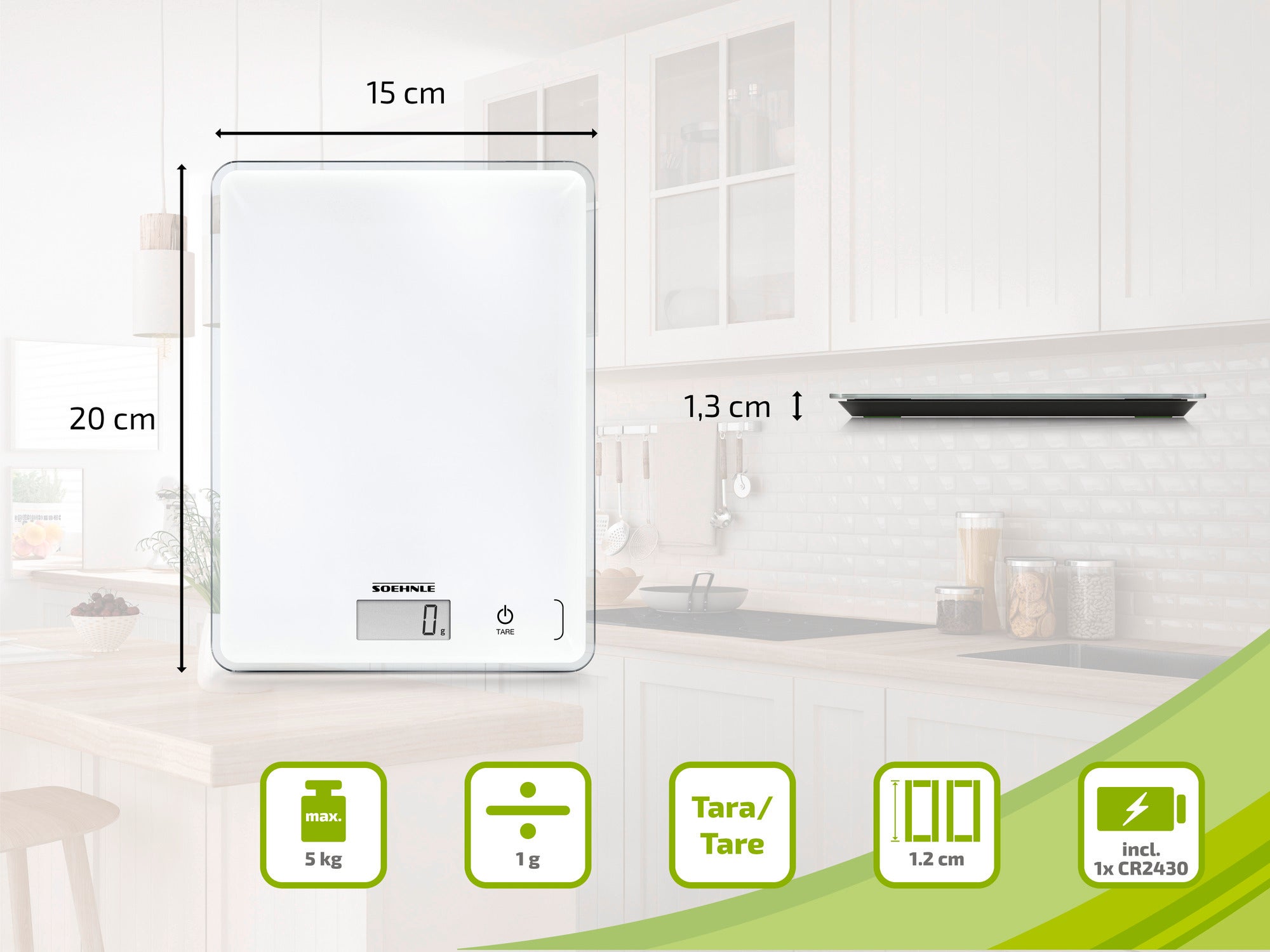Küchenwaage Soehnle Page Compact 300: Digitale Waage in Weiß mit LCD-Display. Maße: 20x15x1,3 cm. Wiegt bis 5 kg, Genauigkeit 1 g. Inkl. 1x CR2430 Batterie. Ideal für präzises Kochen.