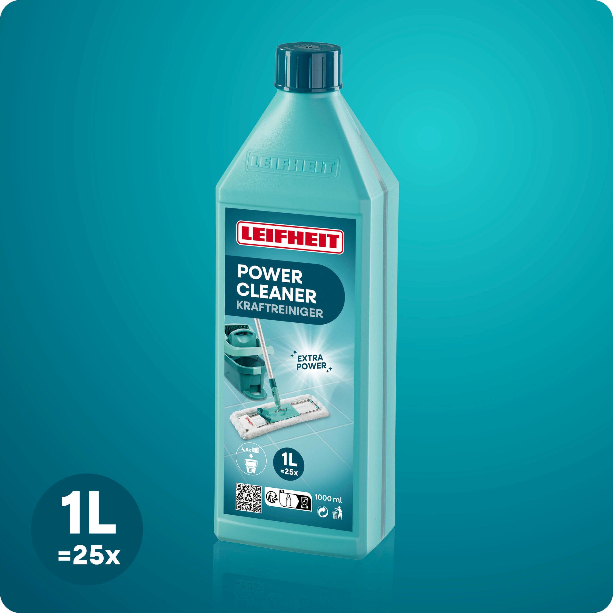 Leifheit Power Cleaner Kraftreiniger 1000 ml in türkisblauer Flasche mit dunkelblauem Verschluss, freigestellt vor blauem Hintergrund; auf dem Etikett ist ein Bodenwischer abgebildet, links steht 1L = 25x.