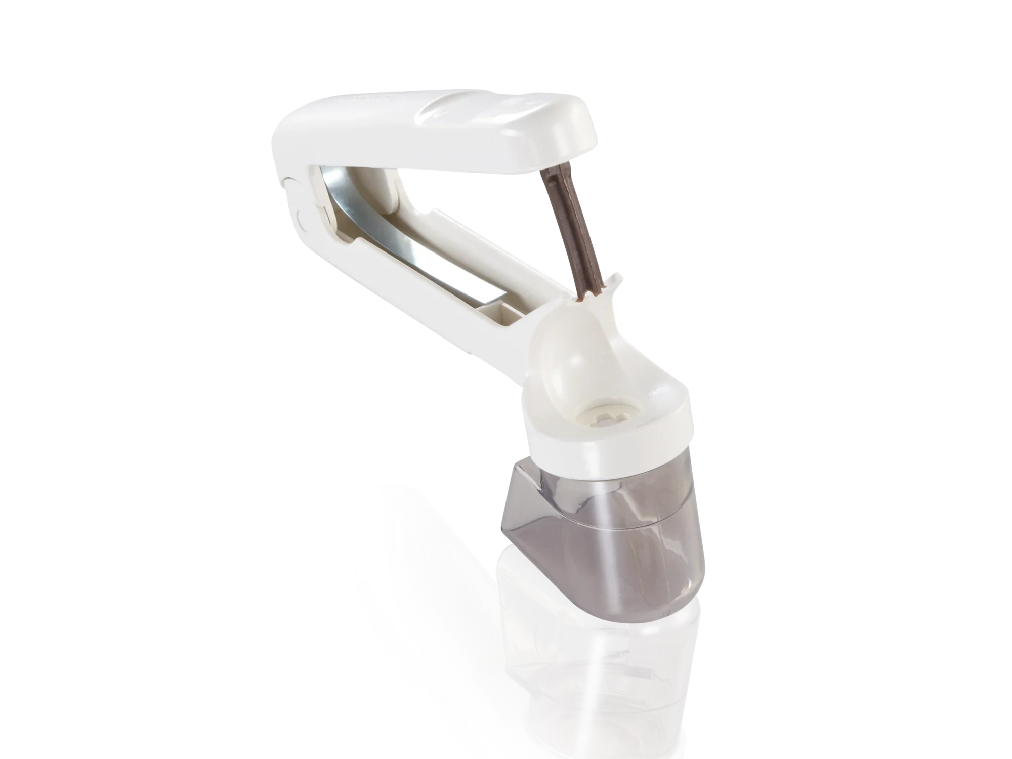 Kersenbitter: Een witte kersenbitter met ergonomisch handvat en transparante opvangbak. Ideaal om snel en schoon kersen te ontpitten.