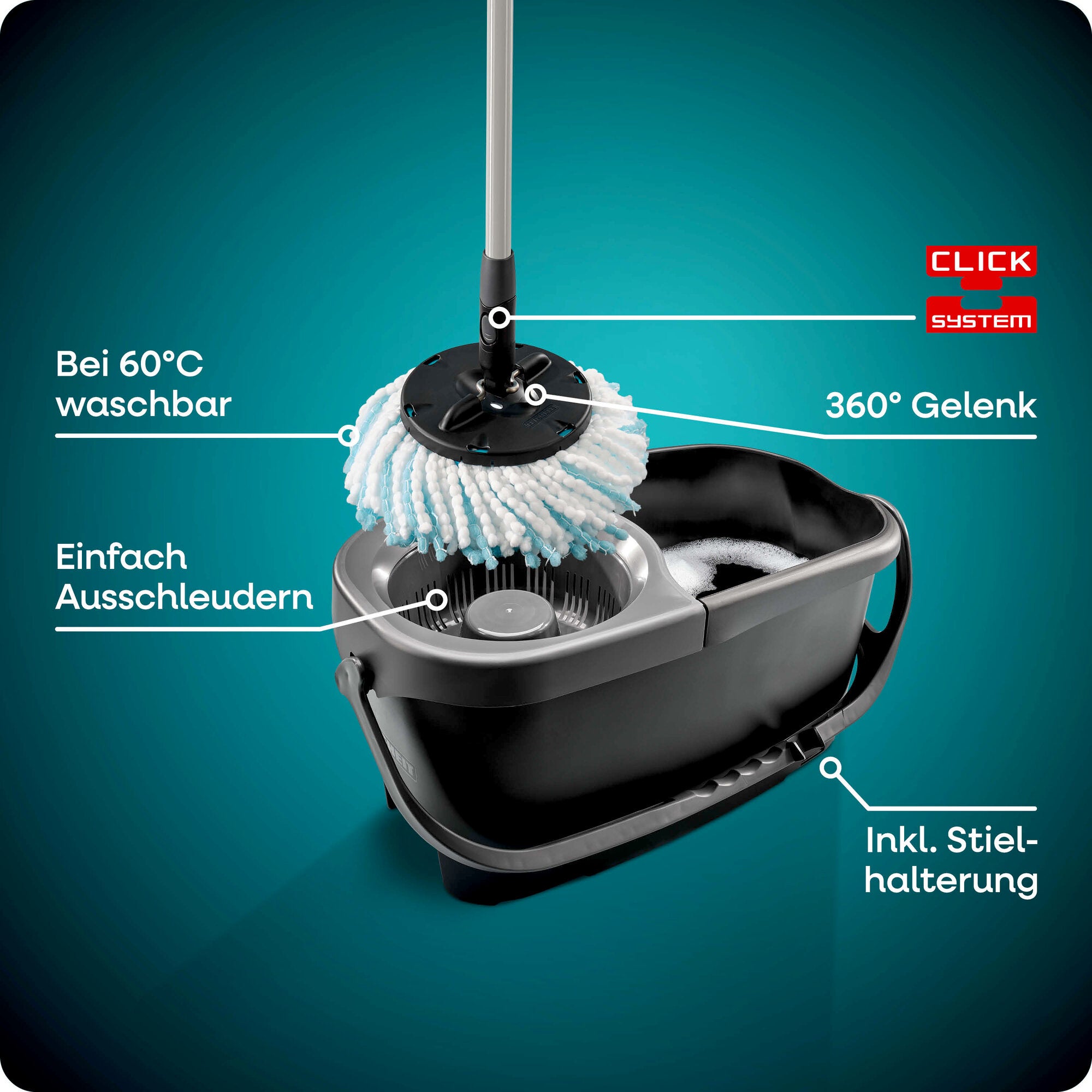Leifheit Set CLEAN TWIST Disc Mop Black mit Eimer und Schleudersystem, rundem Mikrofaserkopf, 360°-Gelenk, Click-System, Stielhalterung und bei 60 °C waschbarem Bezug.