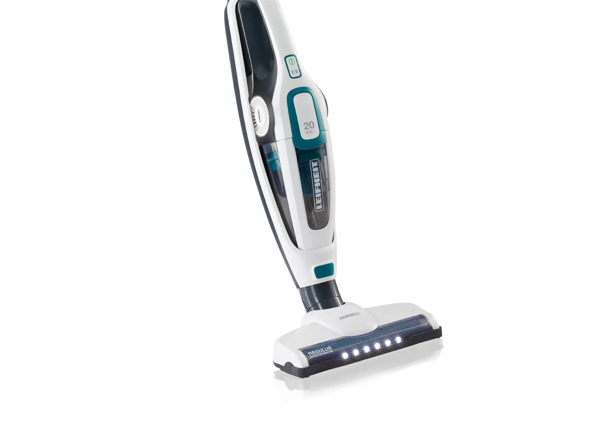 Un aspirateur sans fil rechargeable, modèle Regulus PowerVac 2in1, au design moderne. L'aspirateur est blanc avec des accents noirs et turquoise et dispose d'une bande LED sur la buse. Idéal pour un nettoyage efficace.