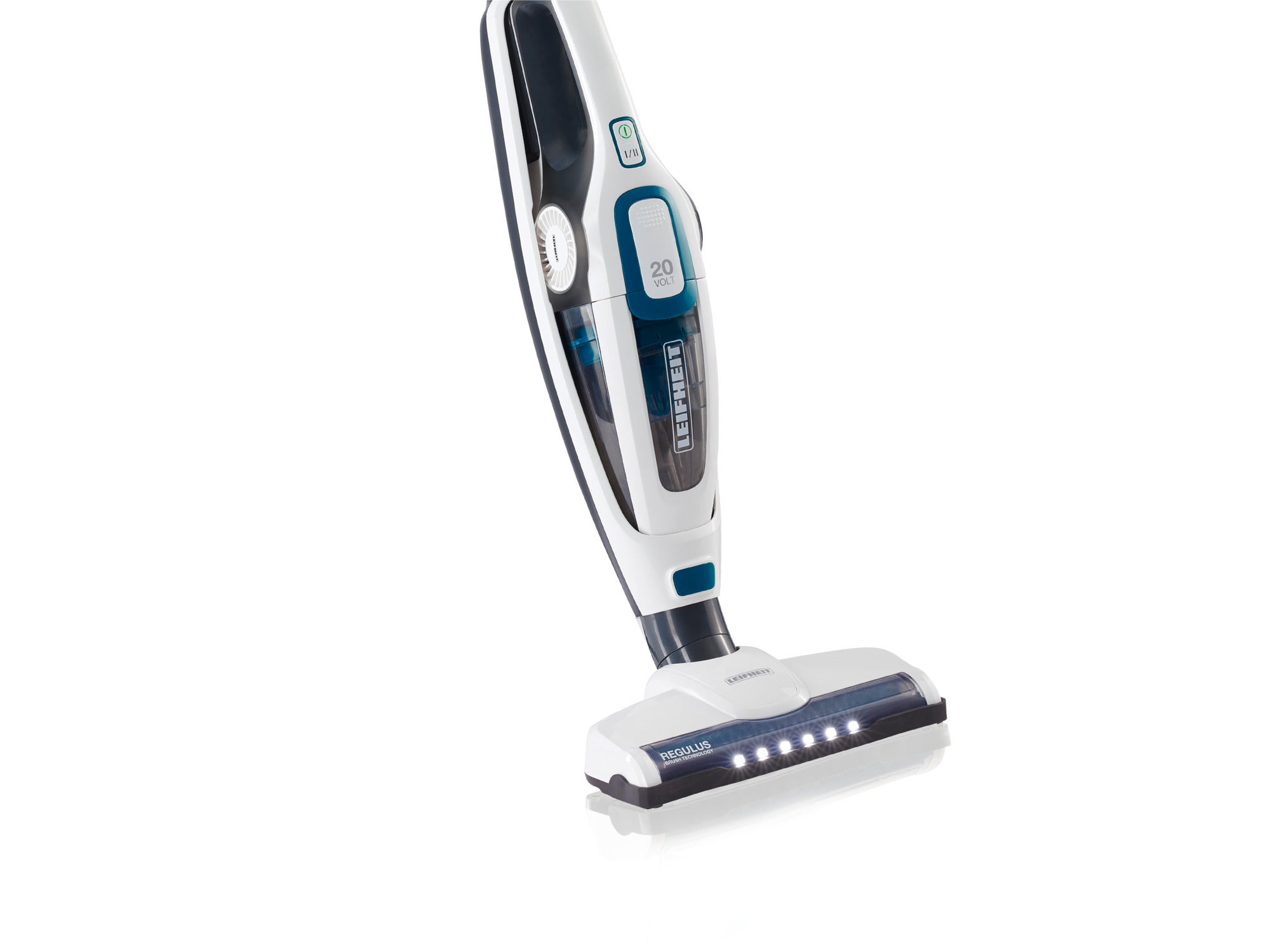 Odkurzacz akumulatorowy, model Regulus PowerVac 2w1, o nowoczesnym designie. Odkurzacz jest biały z czarnymi i turkusowymi akcentami i ma pasek LED na dyszy. Idealny do efektywnego sprzątania.
