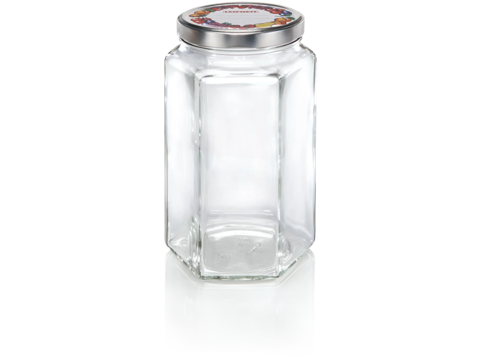 Grand bocal hexagonal d'une contenance de 1700 ml. Il est muni d'un couvercle à vis argenté et est idéal pour conserver les aliments ou d'autres articles ménagers.