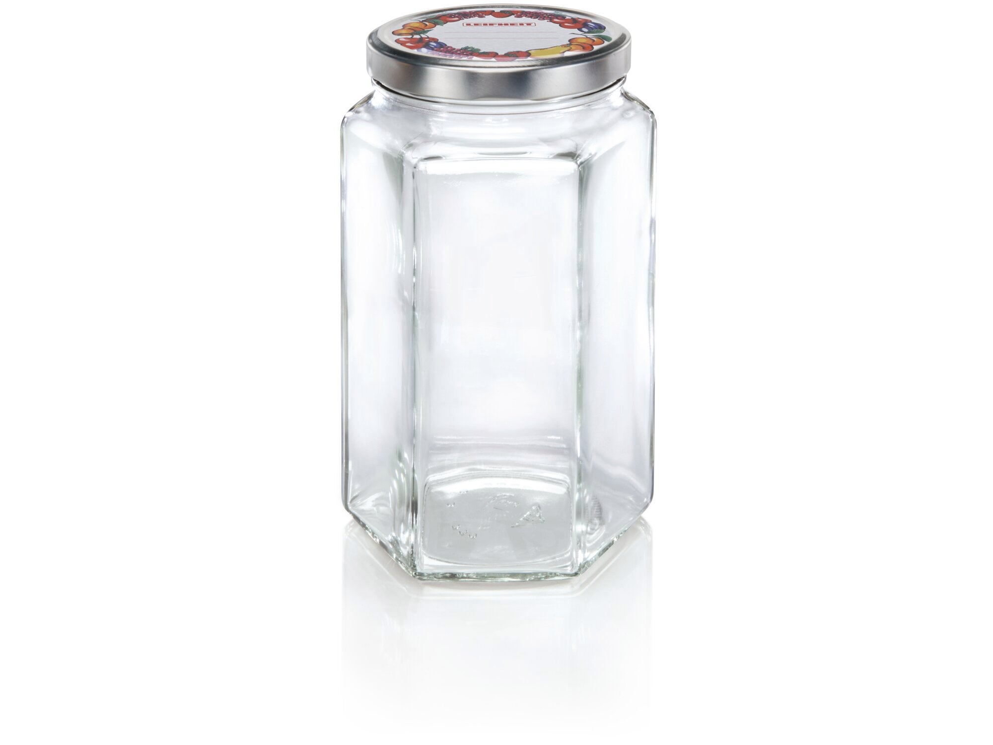 Ein großes, sechseckiges Glas mit einem Fassungsvermögen von 1700 ml. Es hat einen silbernen Schraubdeckel und eignet sich ideal zur Aufbewahrung von Lebensmitteln oder anderen Haushaltsgegenständen.