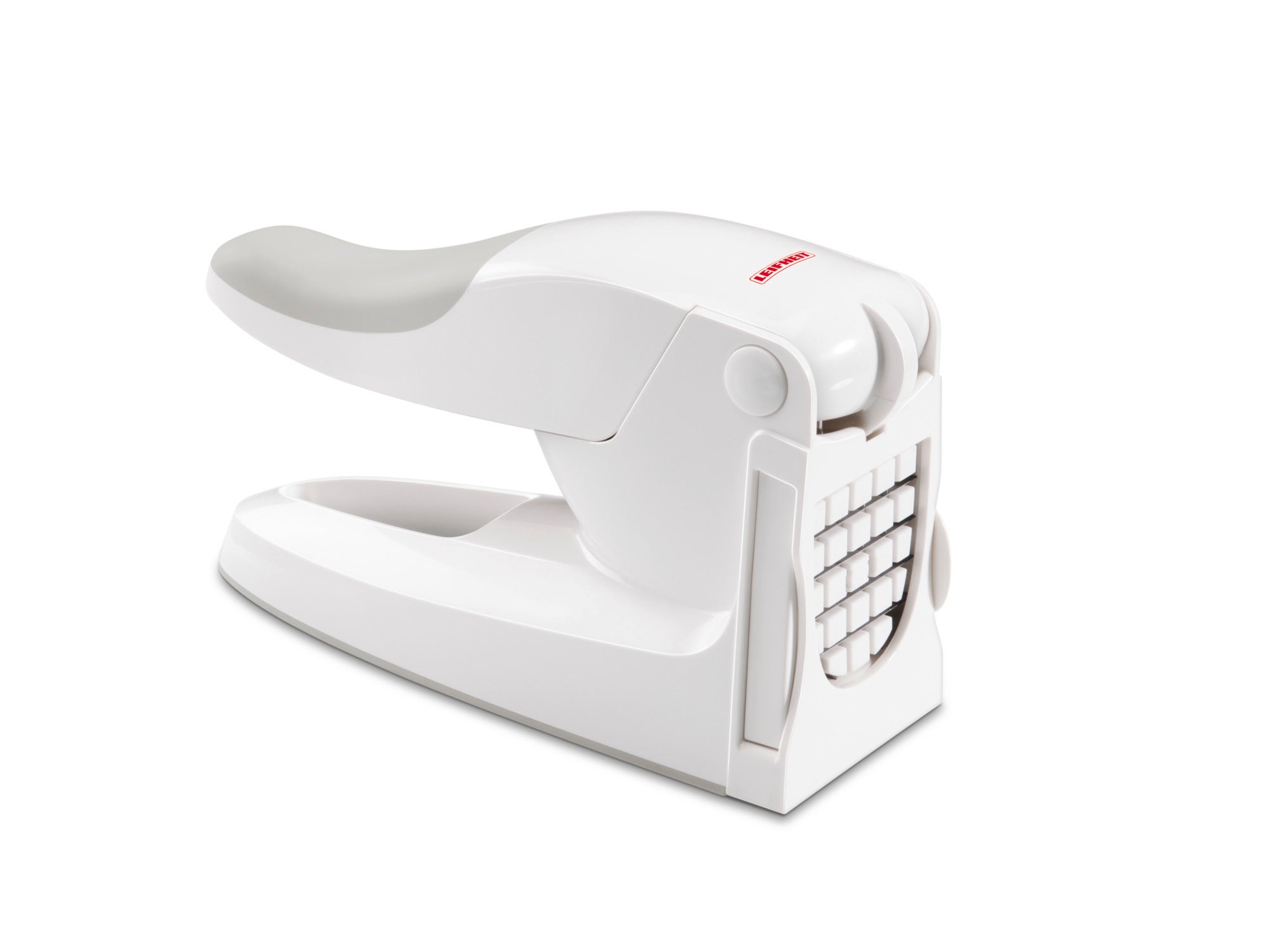 A white French fry cutter with an ergonomic handle and stable base. The device is ideal for quickly and evenly cutting potatoes into French fry shapes.