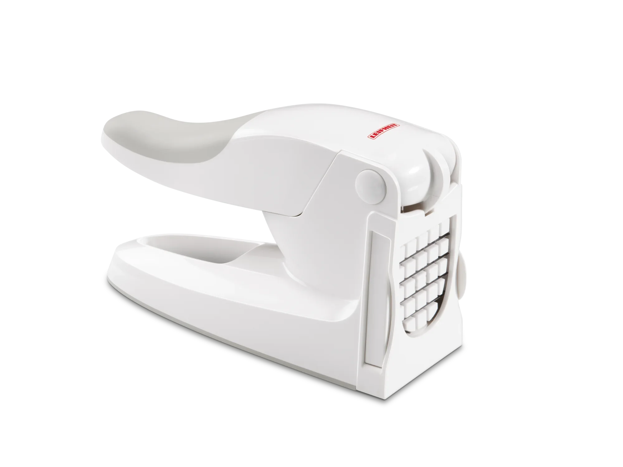 Een witte aardappelsnijder met ergonomisch handvat en stevige basis. Ideaal om aardappelen snel en gelijkmatig in frietjes te snijden.