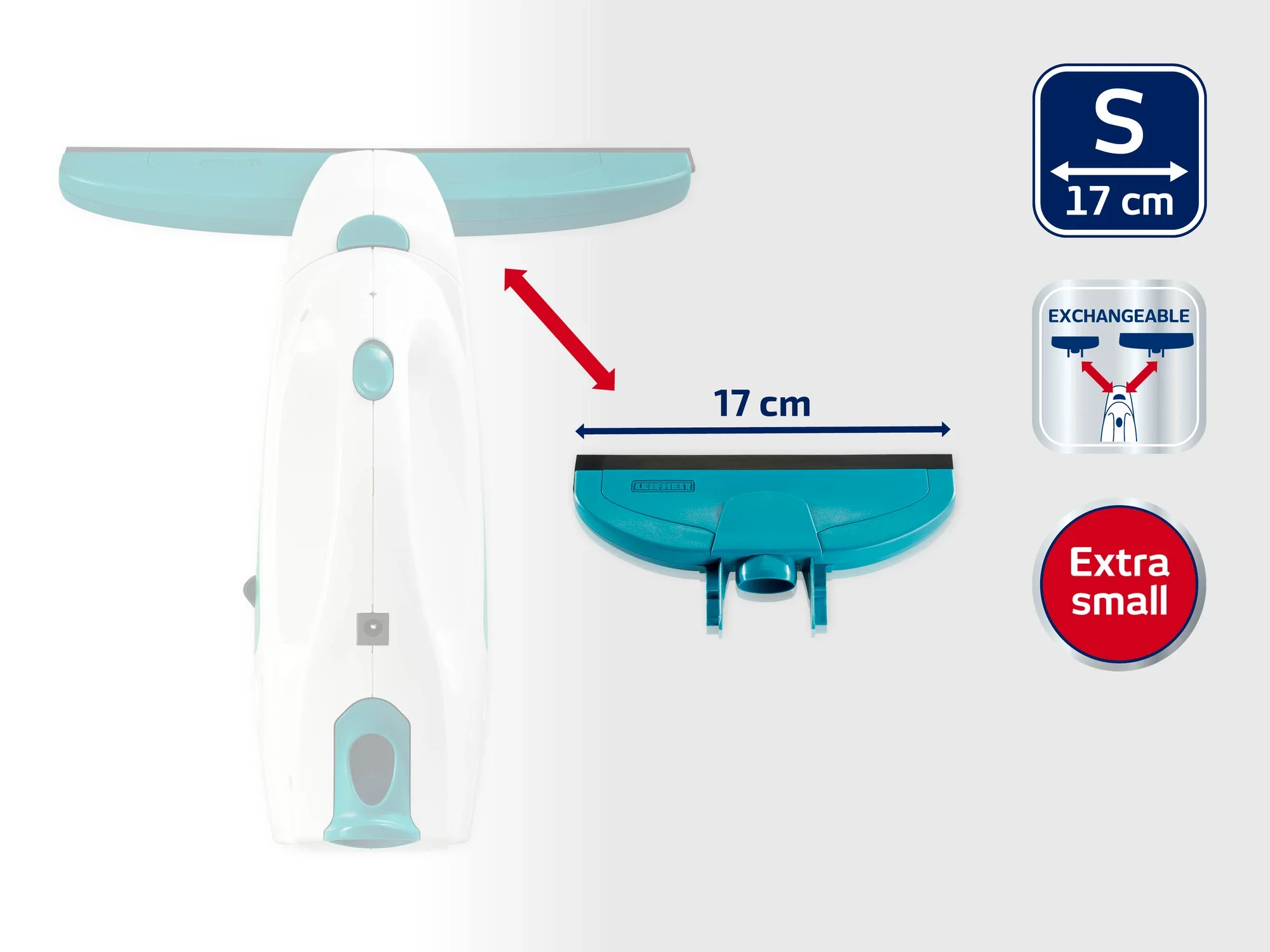 Ein Fensterreiniger mit einer austauschbaren, extra kleinen Saugdüse von 17 cm Breite. Ideal für schmale Flächen. Das Bild zeigt die Düse und ihre Maße.