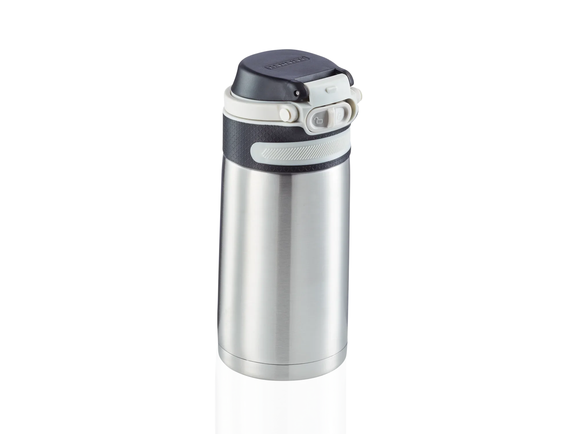 Flip 350 ml vacuümmok in zilver. De mok heeft een praktische flip-deksel en is ideaal voor onderweg. Houdt drankjes lang warm of koud.