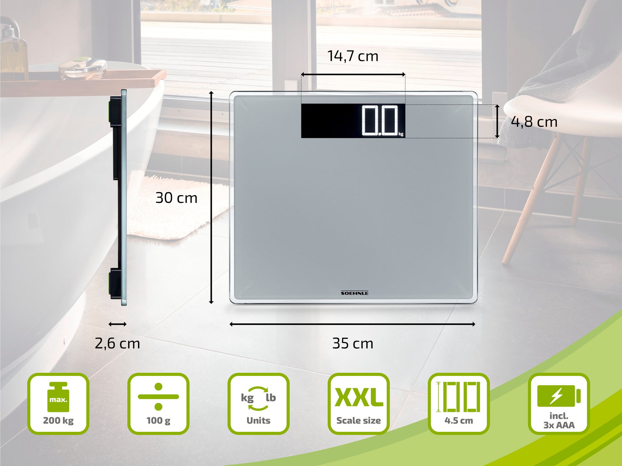 A digital bathroom scale from Soehnle with a modern, flat design. It measures 35 cm in width and 30 cm in height. The scale displays the weight in kg or lb and has a maximum load capacity of 200 kg.
